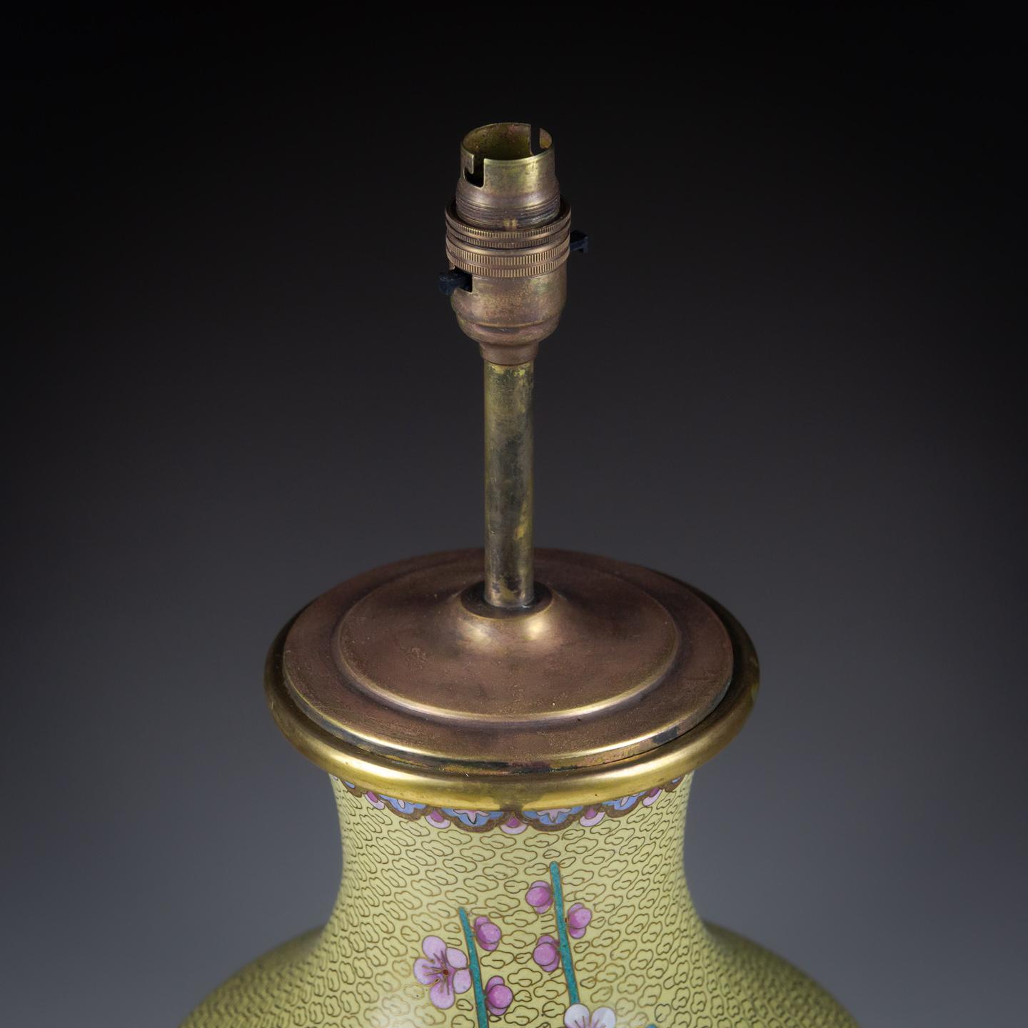 Large 20th Century Yellow Cloisonné Magpie Vase as a Lamp In Good Condition For Sale In Pease pottage, West Sussex