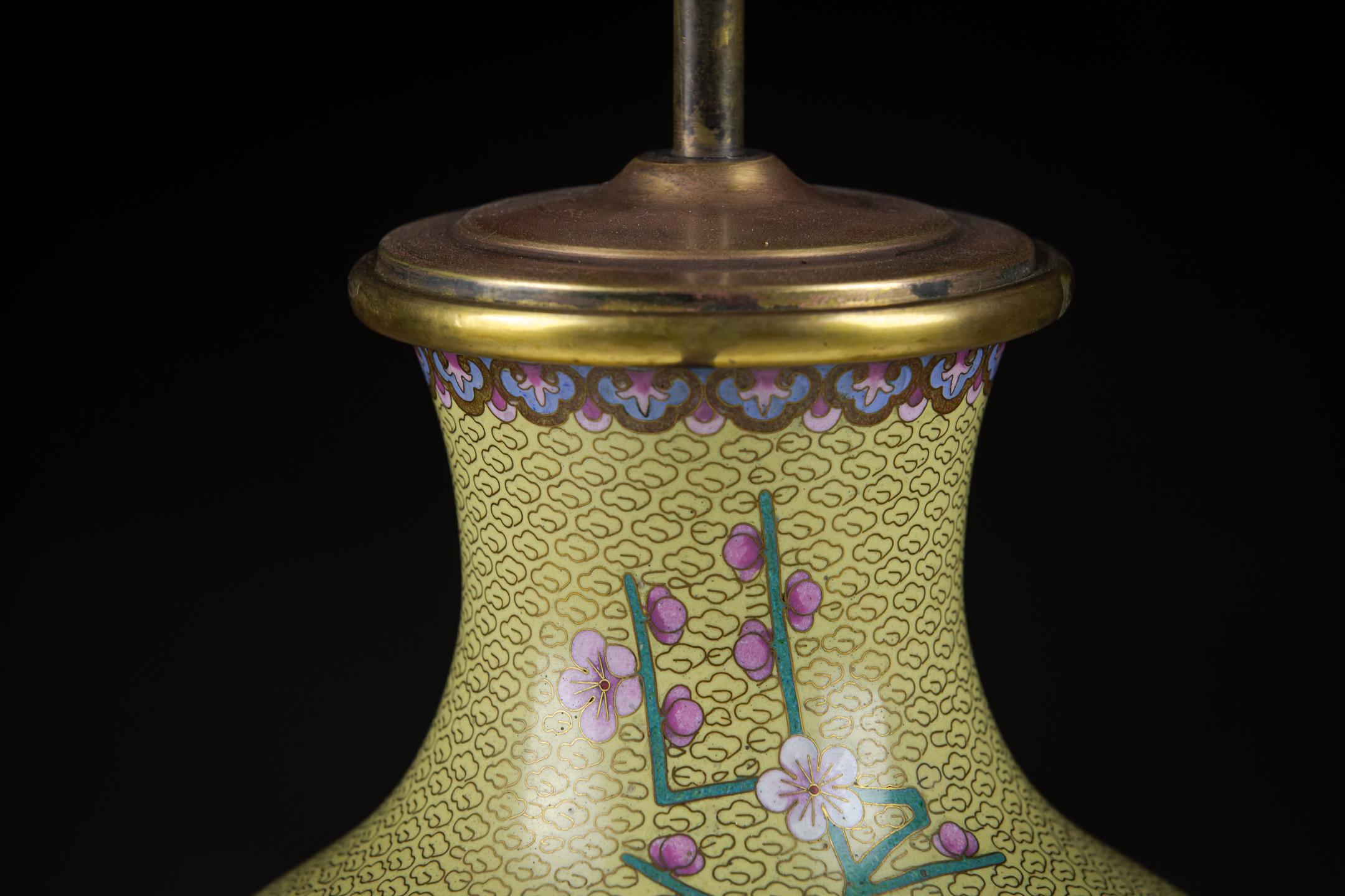 Enamel Large 20th Century Yellow Cloisonné Magpie Vase as a Lamp For Sale