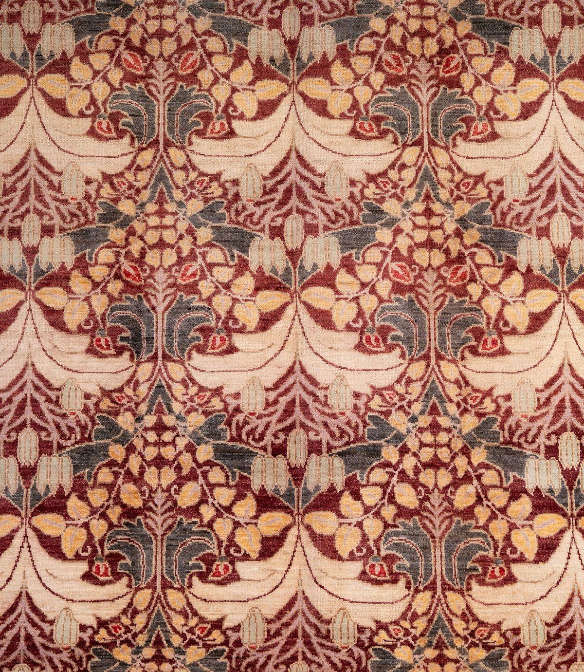 A contemporary interpretation of 19th Century English Arts & Crafts carpets, particularly those of the renowned English textile designer, C.F. A. Voysey. Whose works were largely inspired by those of William Morris, as well as by the Art Nouveau