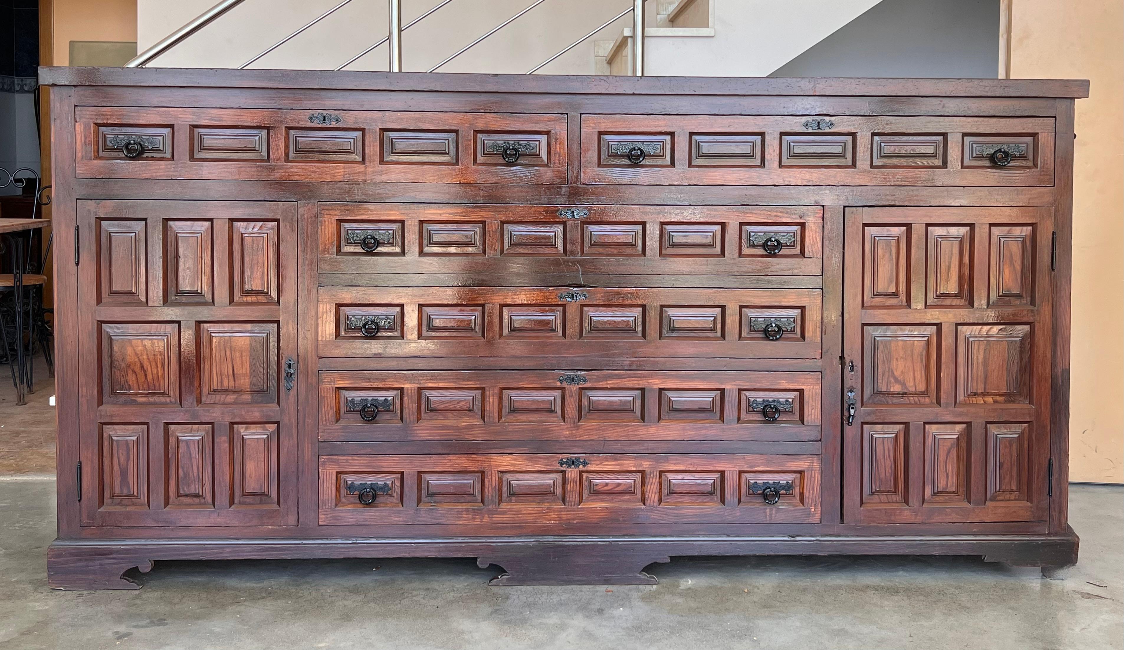 Spanish Colonial Large 20th Church Spanish Baroque Carved Walnut Tuscan Credenza or Buffet For Sale