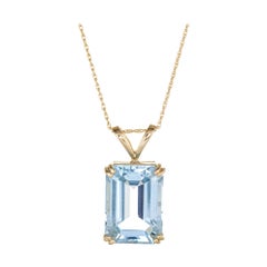 Large 21ct Blue Topaz Pendant Necklace 14 Karat Yellow Gold Emerald Cut Jewelry