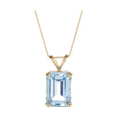 Large 21ct Blue Topaz Pendant Necklace 14 Karat Yellow Gold Emerald Cut Jewelry