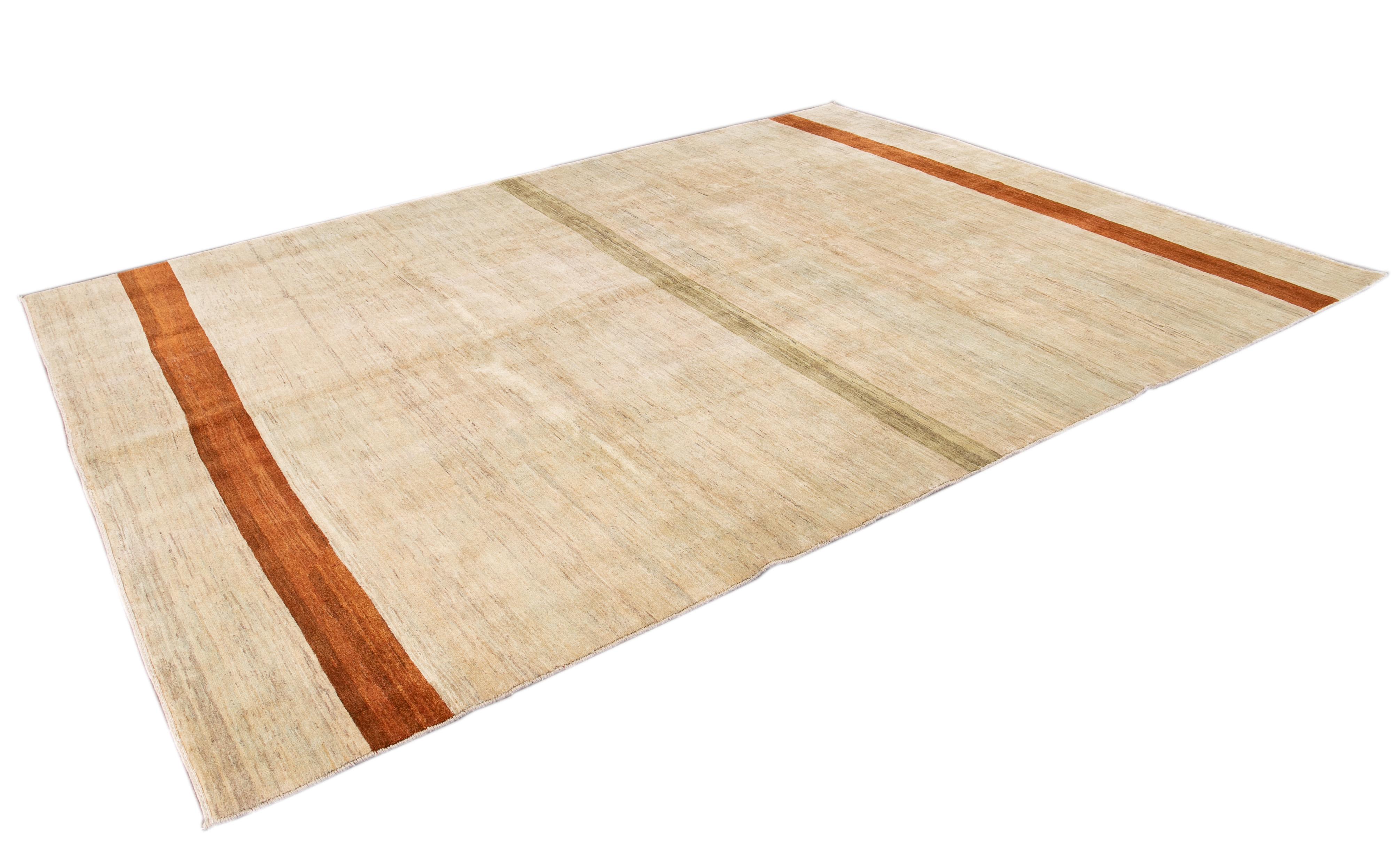 Hand-Knotted Contemporary Tan Gabbeh Handmade Wool Rug For Sale