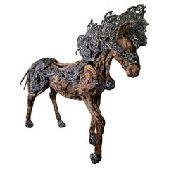Large 21st Century Wooden Horse Sculpture with Aluminum Mane by Michael Amini