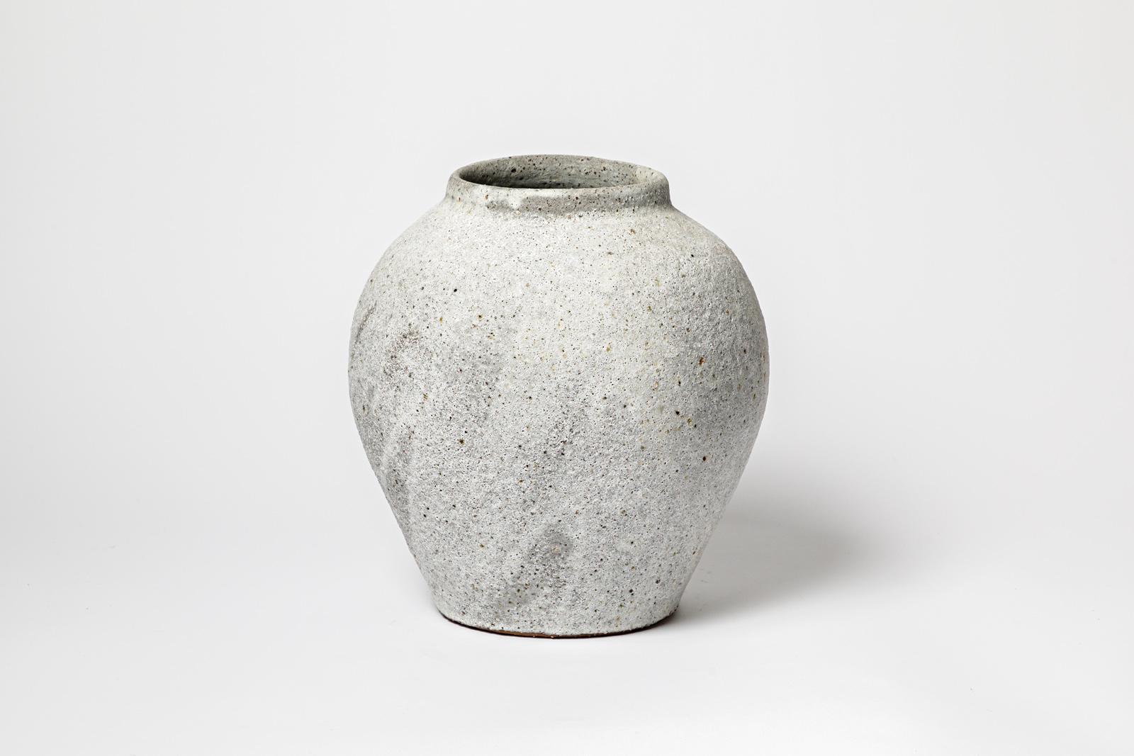 French Large 21th century design white and grey ceramic moon vase by B Audureau  30 cm For Sale