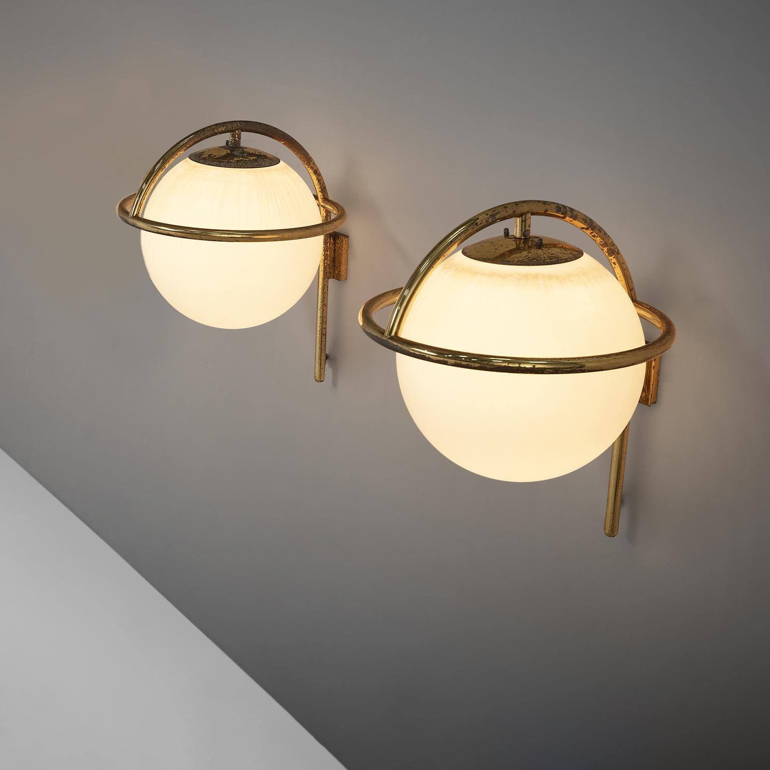 Metal Italian Wall Lights in Brass and Opaline Glass