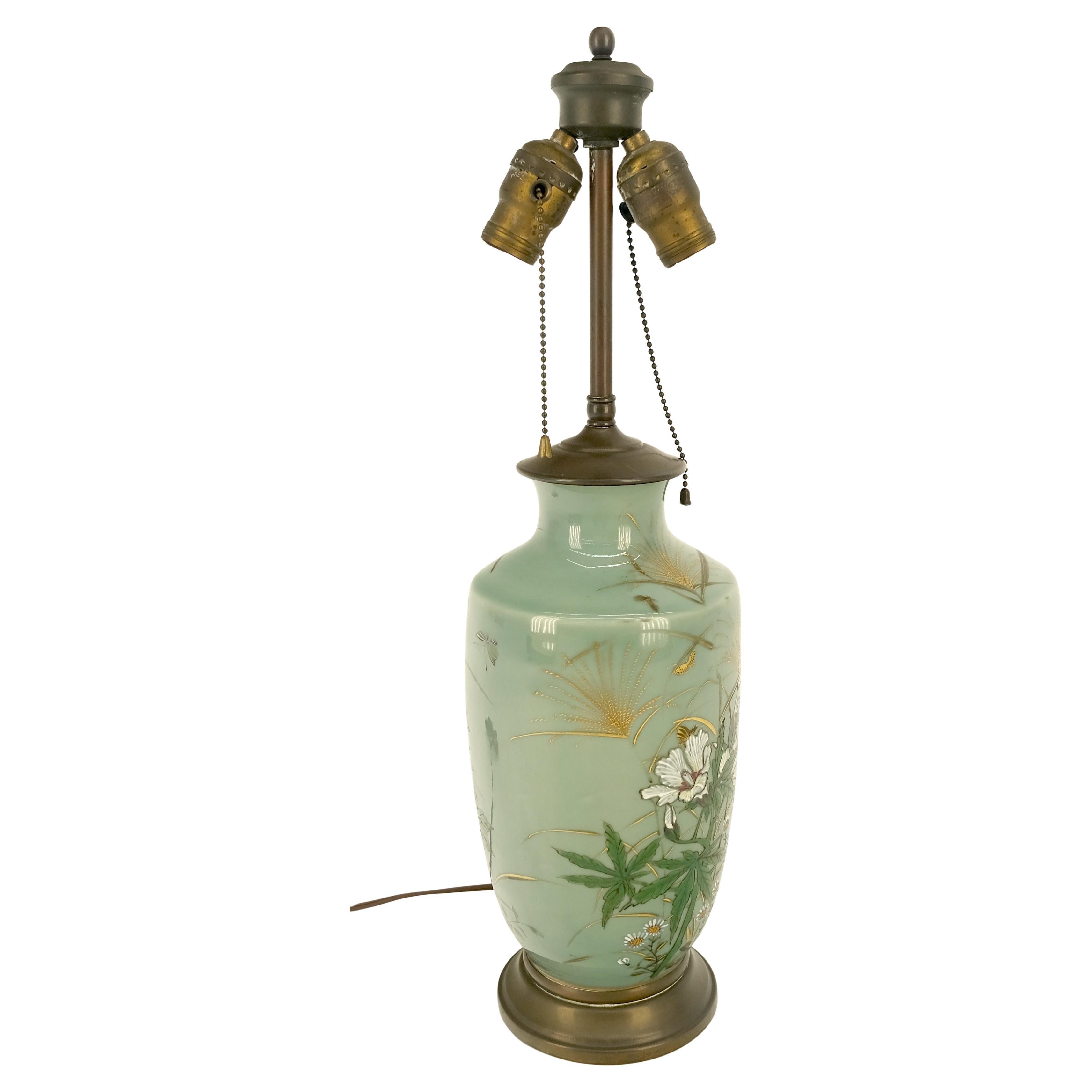 Large 22" Tall  Vase Shape Green Pottery & Brass Hand Painted Table Lamp MINT