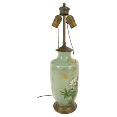 Large 22" Tall  Vase Shape Green Pottery & Brass Hand Painted Table Lamp MINT