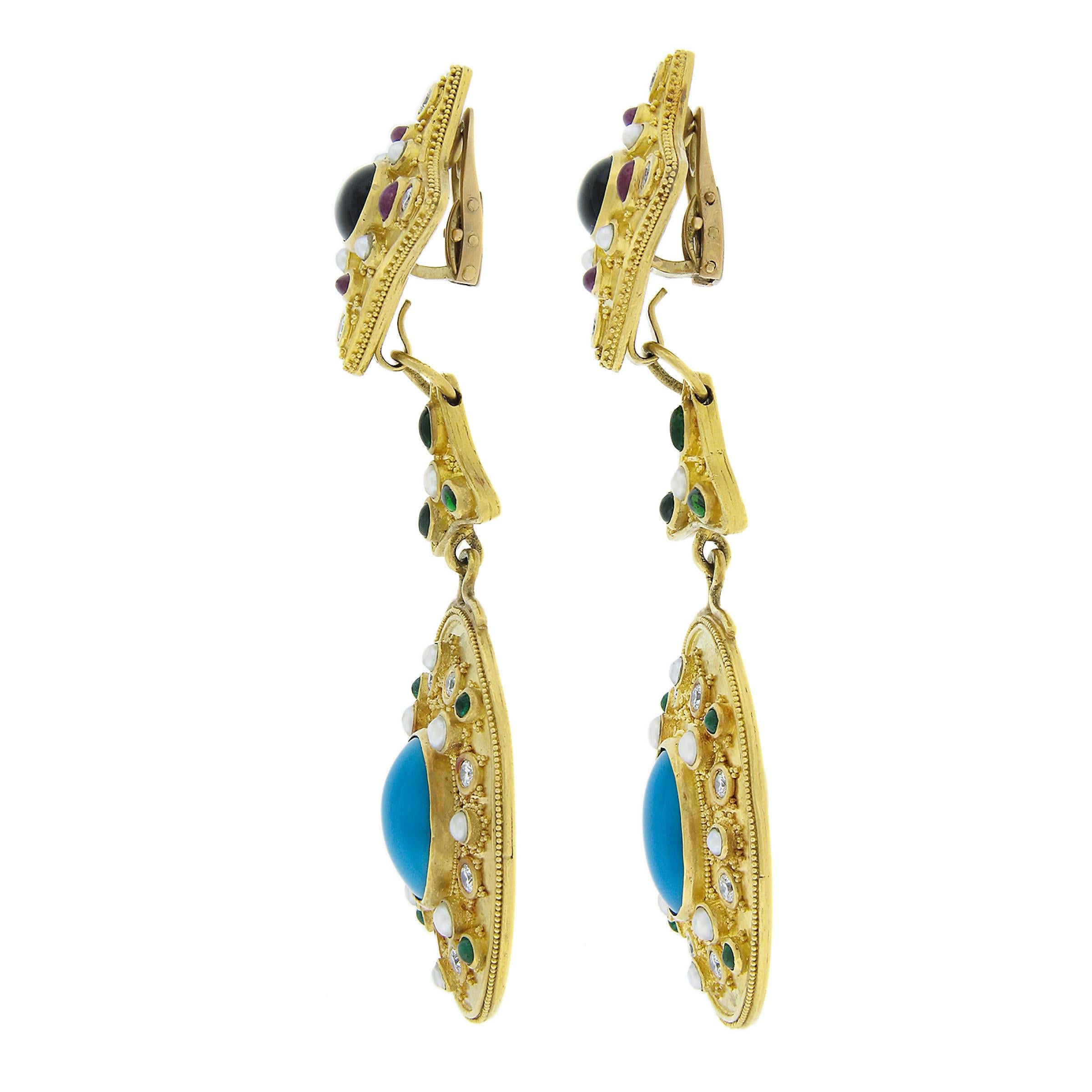 Women's LARGE 22K Gold Turquoise Tourmaline Pearl & Diamond Chandelier Dangle Earrings For Sale