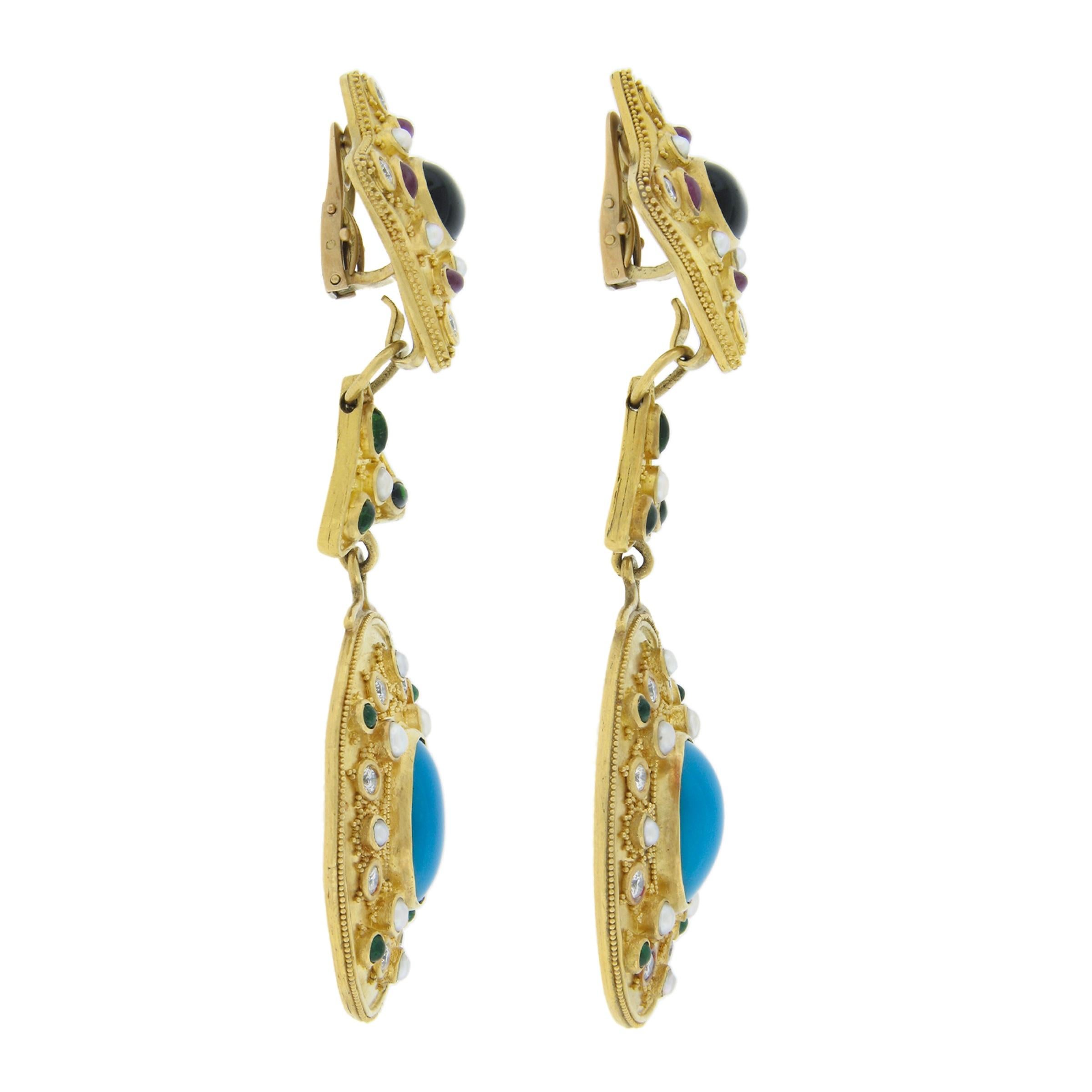LARGE 22K Gold Turquoise Tourmaline Pearl & Diamond Chandelier Dangle Earrings For Sale 1