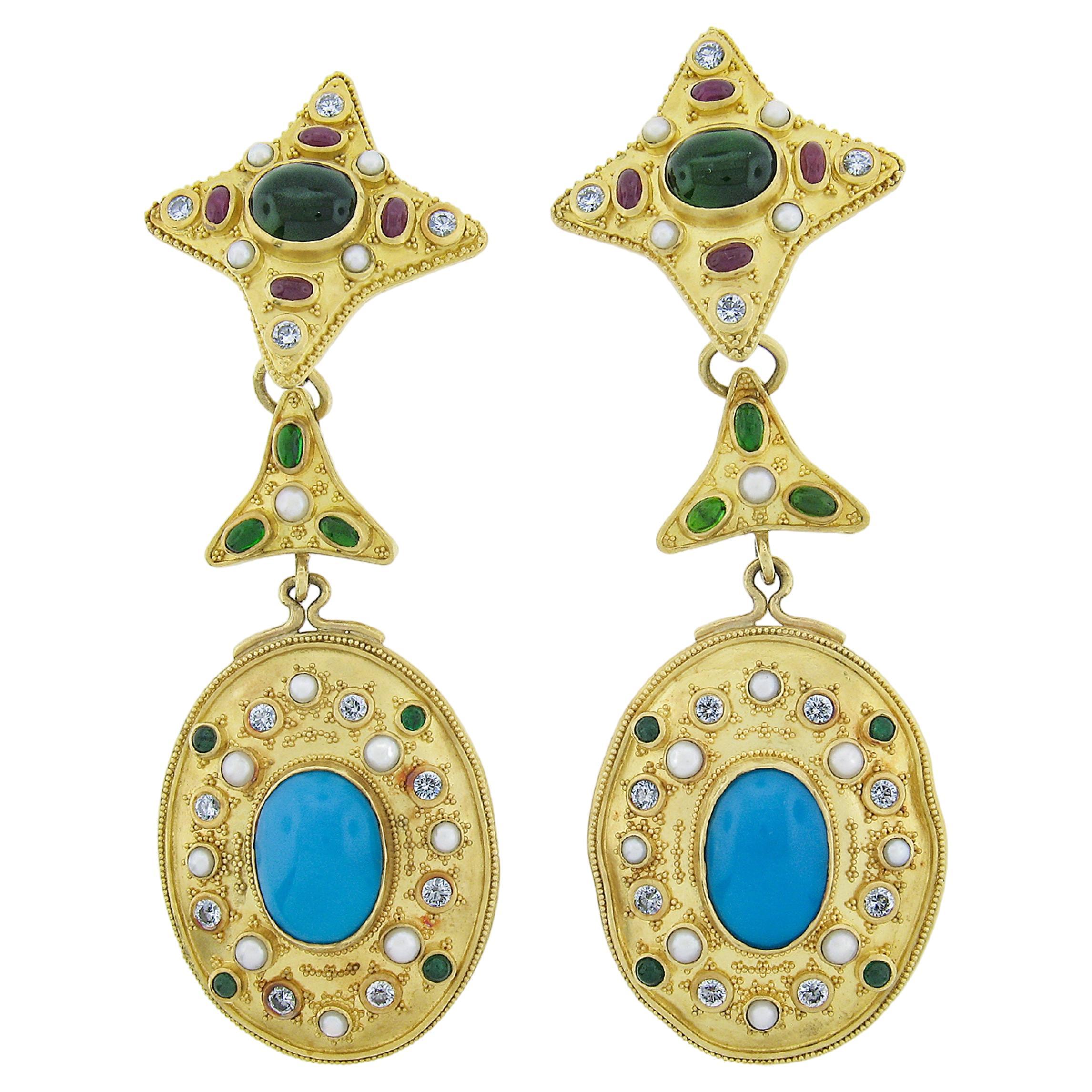 LARGE 22K Gold Turquoise Tourmaline Pearl & Diamond Chandelier Dangle Earrings For Sale