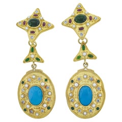 LARGE 22K Gold Turquoise Tourmaline Pearl & Diamond Chandelier Dangle Earrings