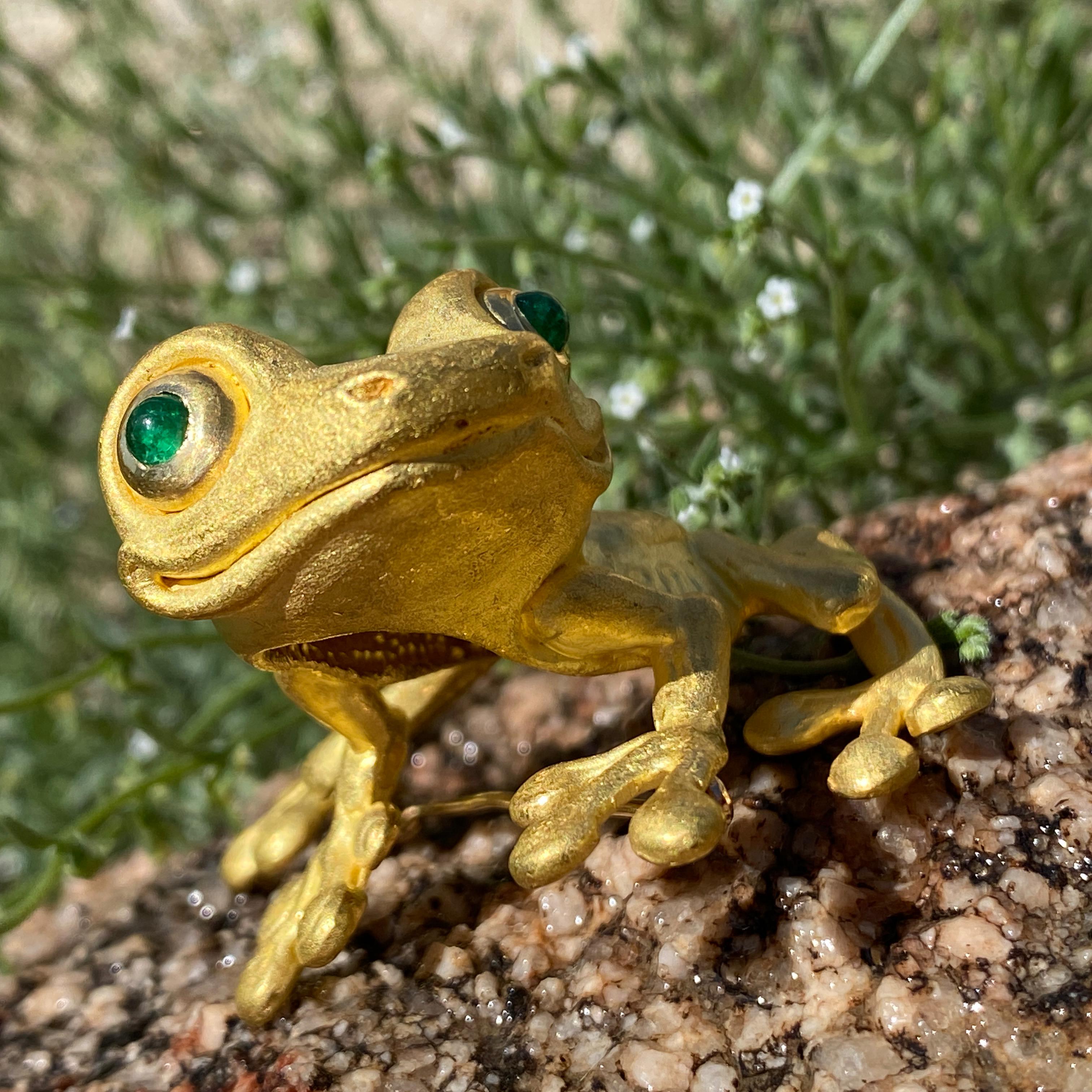 Large 22K Yellow Gold Tree Frog Brooch with Emerald Eyes 2