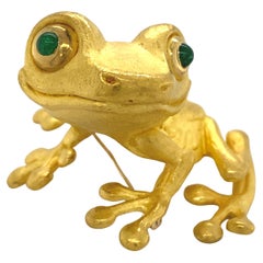 Large 22K Yellow Gold Tree Frog Brooch with Emerald Eyes