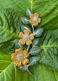 Large 23 Carat Vining Flowers Yellow Sapphire, Diamond and Tsavorite 18K Brooch