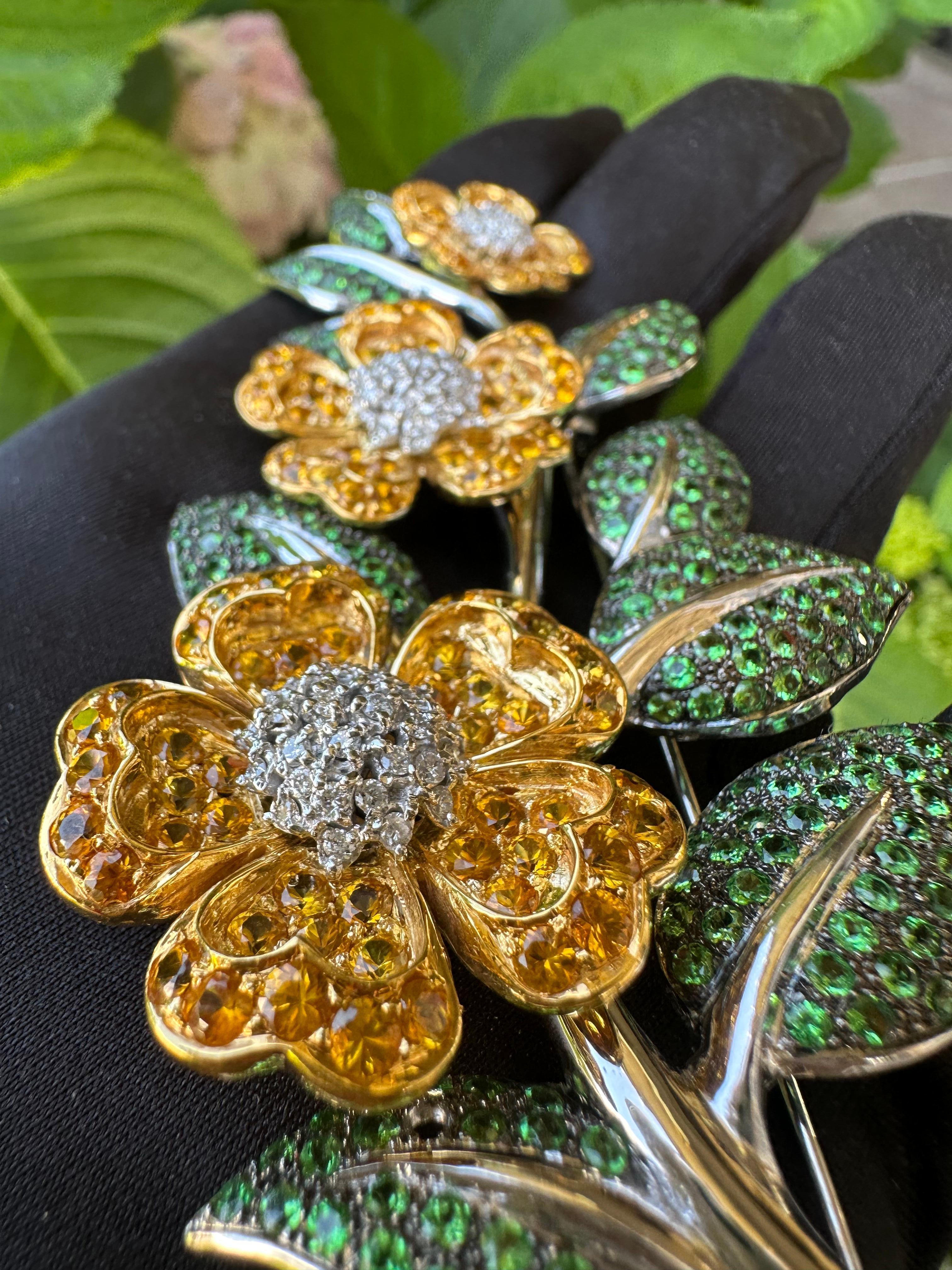 Artisan Large 23 Carat Vining Flowers Yellow Sapphire, Diamond and Tsavorite 18K Brooch For Sale