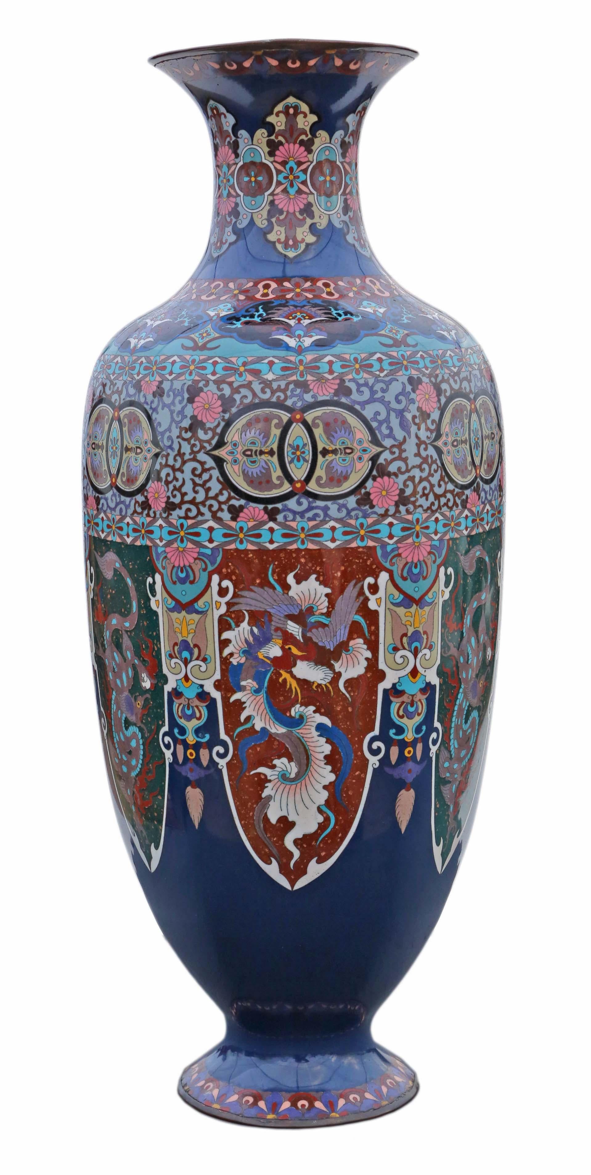 Laiton Grand vase cloisonné japonais du 19ème siècle - Décoration orientale ancienne en vente