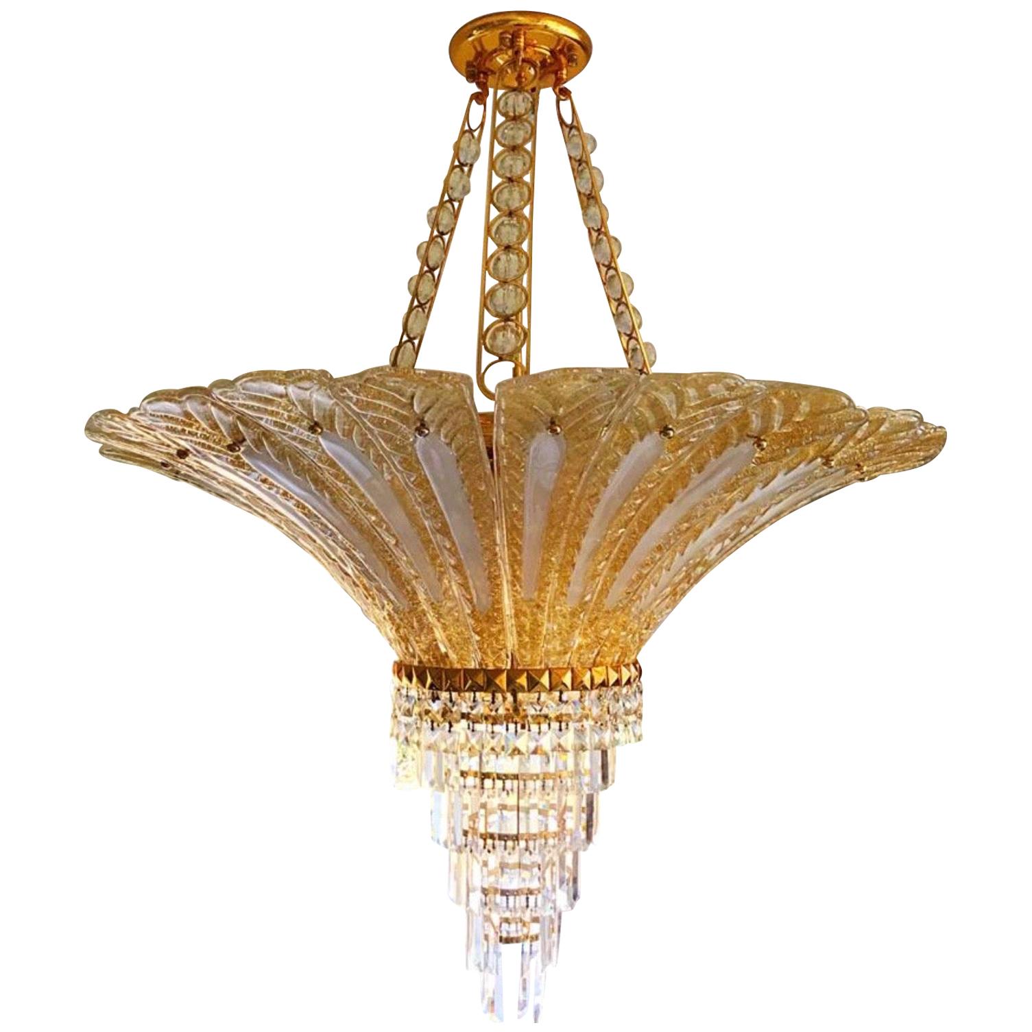 Grand lustre en forme de feuille de palmier de Murano recouvert d'or 24 carats