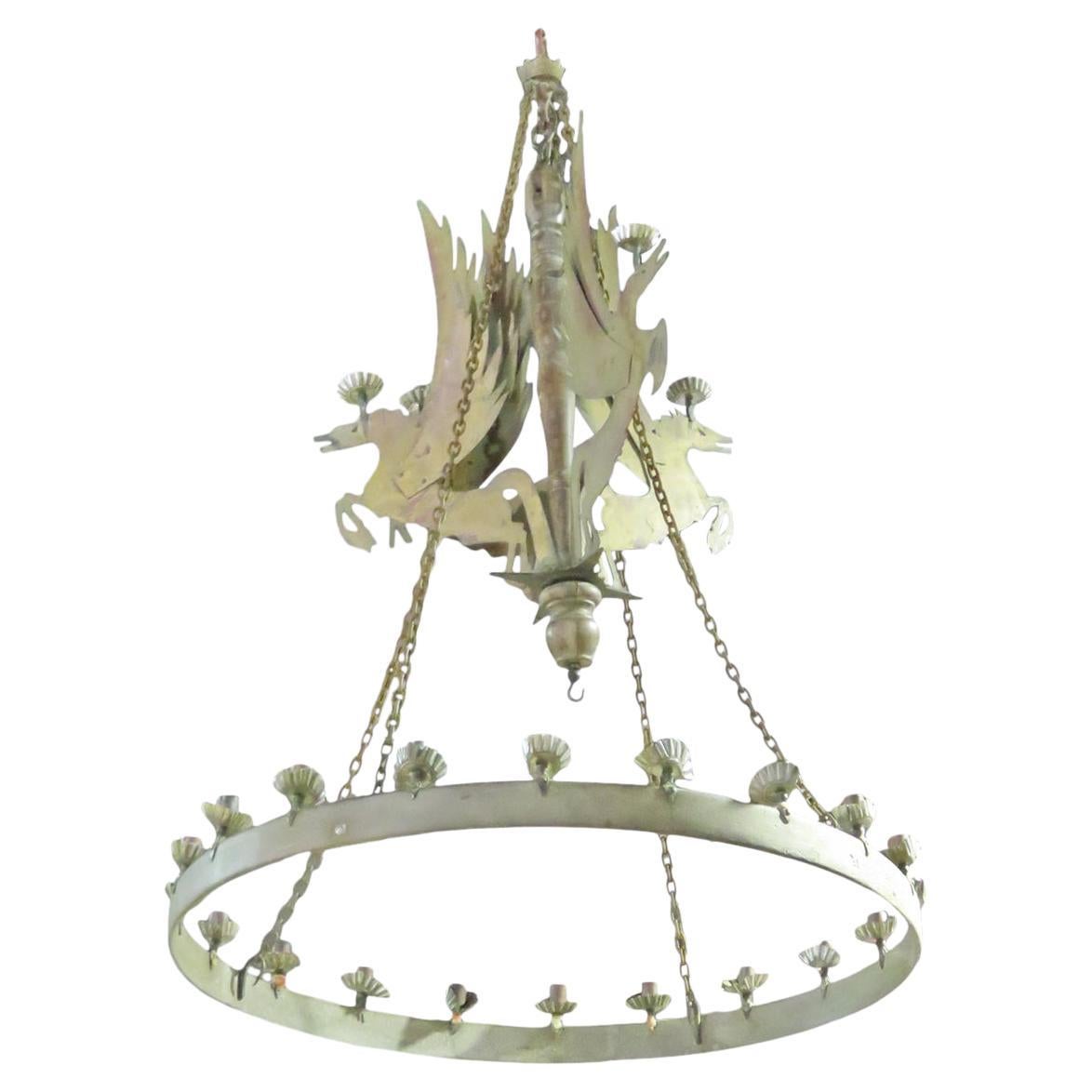 Large 24 Light Verdigris Hued Whimsical Pegasus Winged Horse Chandelier 