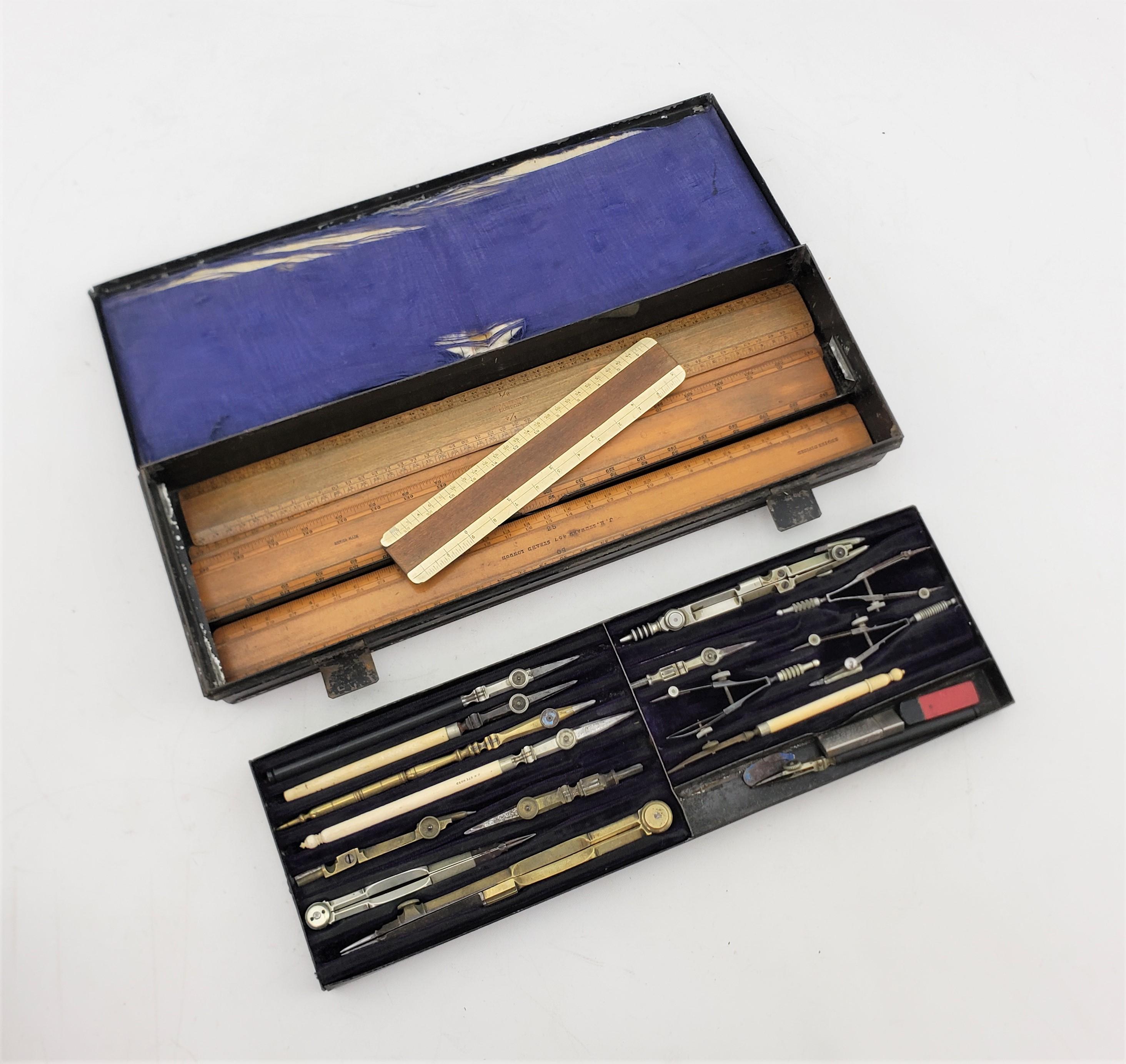 This large and substantial antique mechanical drafting set most likely originates from Germany and dates to approximately 1900 and done in the period Edwardian style. The set is composed of several wooden rulers and various compasses and dividers of