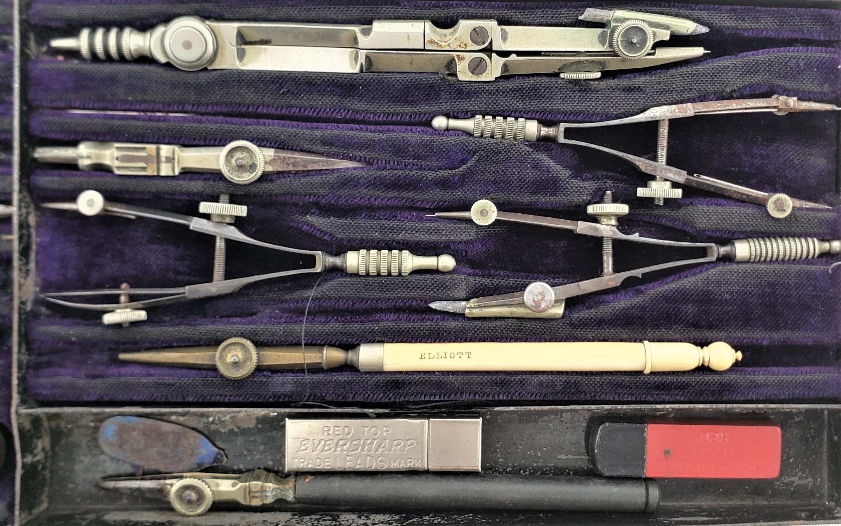 German Large 24 Piece Antique Mechanical Drafting Set & Original Fitted Metal Case For Sale