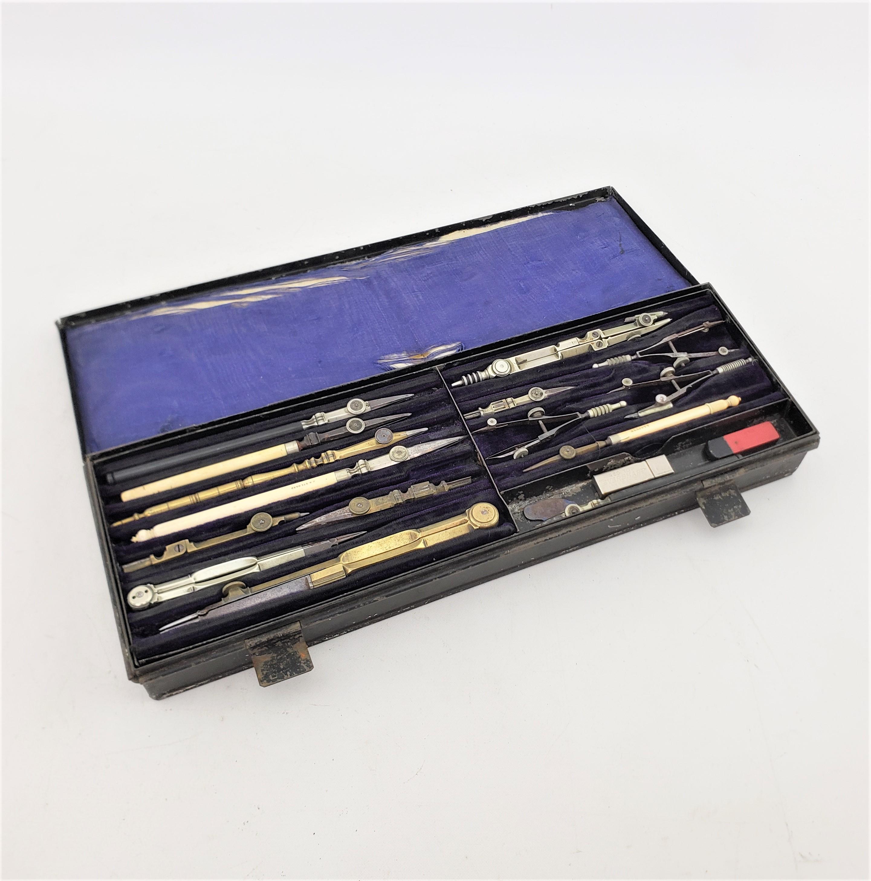 Large 24 Piece Antique Mechanical Drafting Set & Original Fitted Metal Case In Good Condition For Sale In Hamilton, Ontario