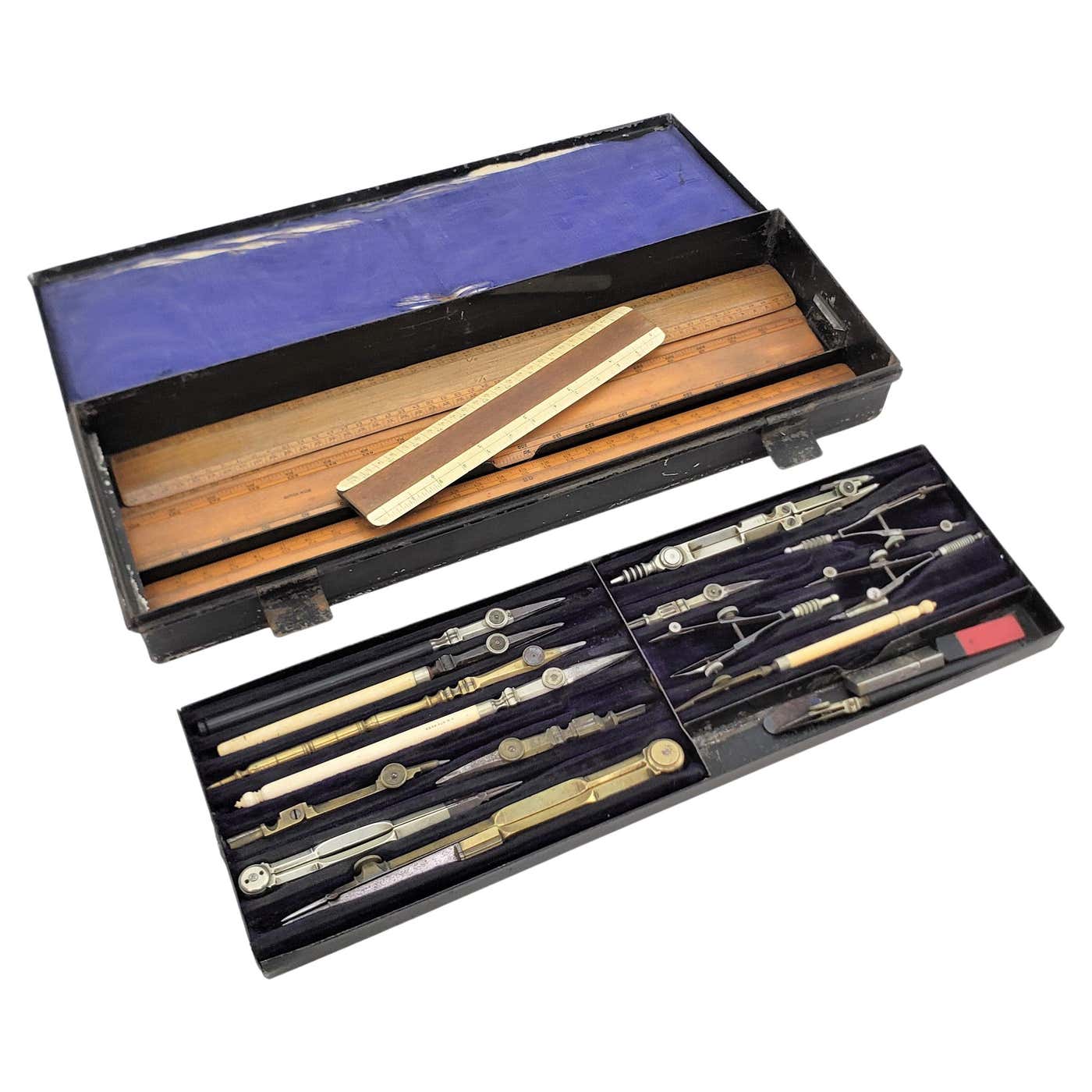 Large 24 Piece Antique Mechanical Drafting Set and Original Fitted ...