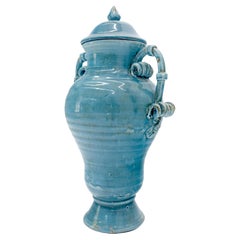Large 24" Tall Burmantofts Blue Glaze Terracotta Ceramic Urn Style Vase w/ Lid