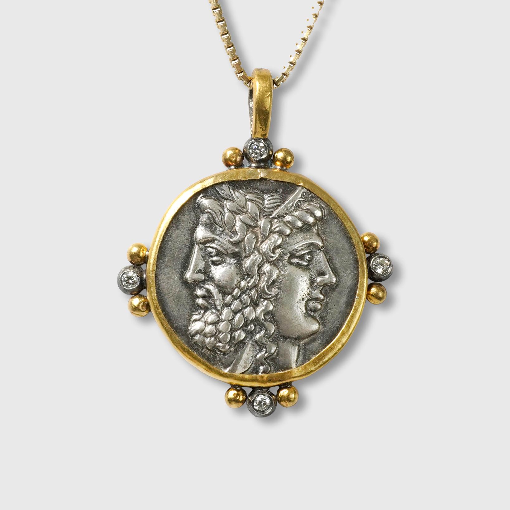 Women's or Men's Large, 24kt Yellow Gold & Diamond Framed Janus & Janus - God Of All Beginnings For Sale