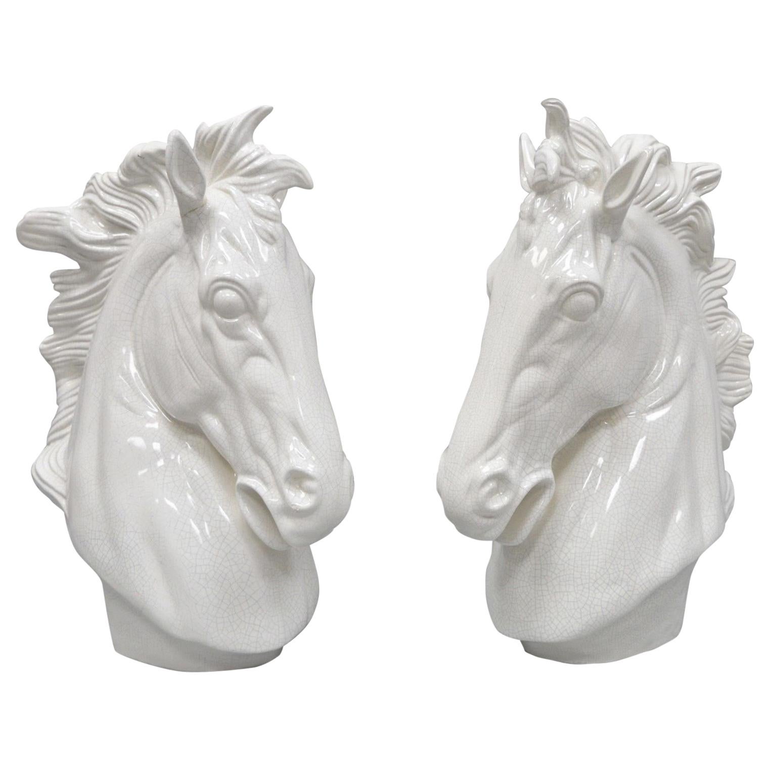 Large 25" Pair of Blanc De Chine White Porcelain Horse Head Bust Statues Figures