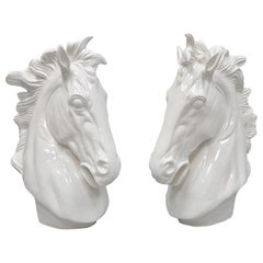 Large 25" Pair of Blanc De Chine White Porcelain Horse Head Bust Statues Figures