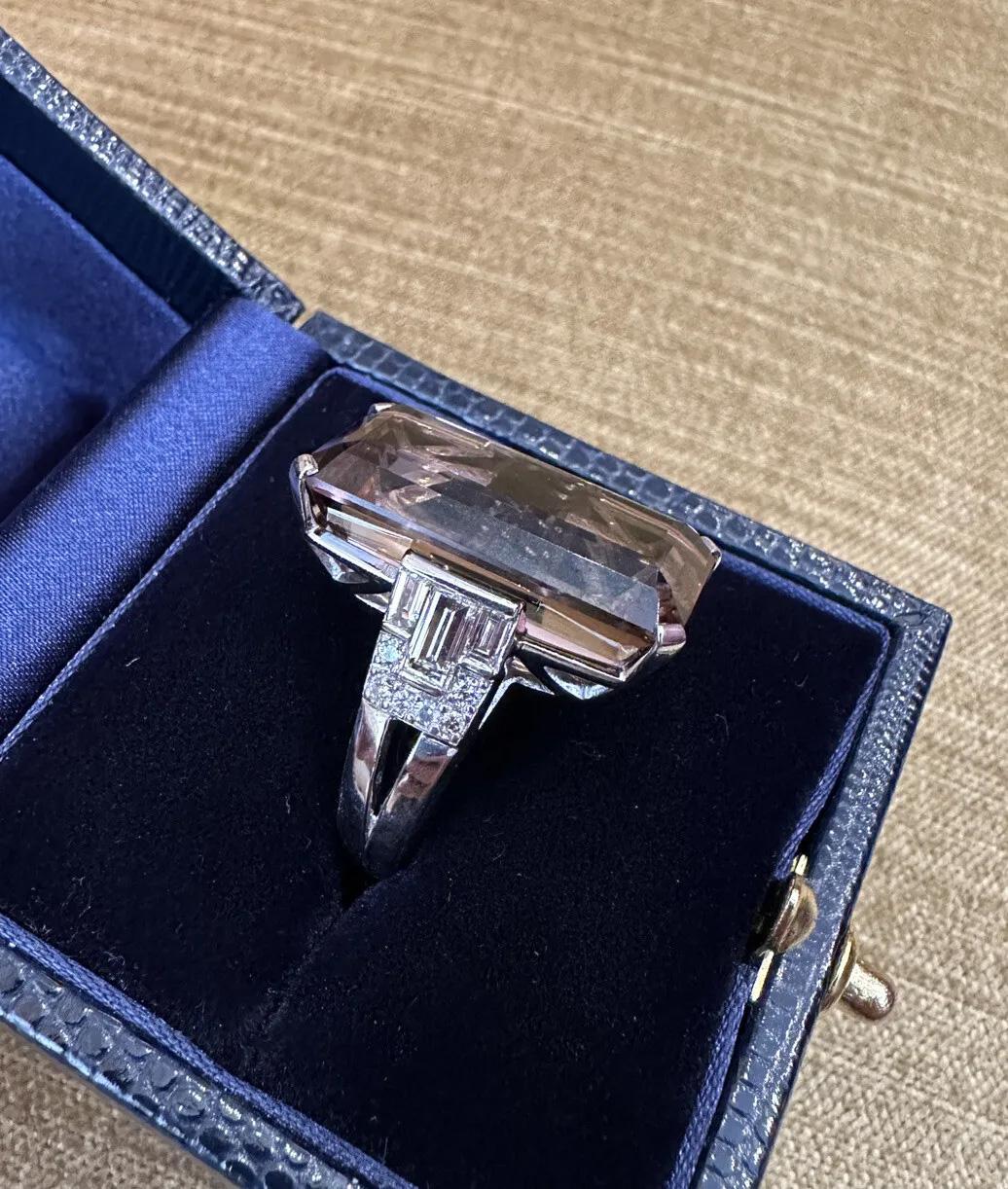 Emerald Cut Large 26.97 Carat Tourmaline and Diamond Ring in 18k White Gold For Sale