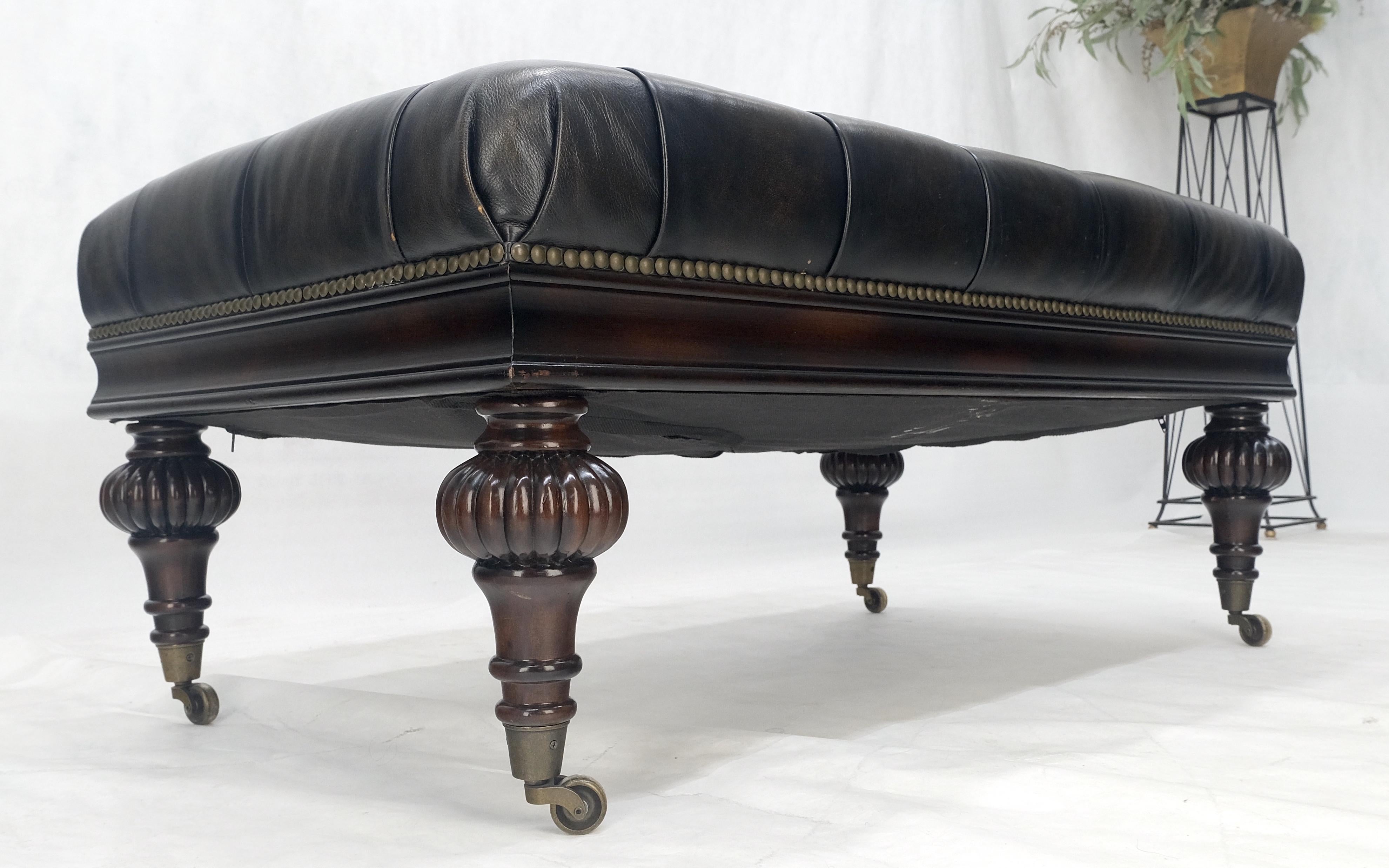 Large 27x45 Tufted Charcoal Leather Castor Legs Ottoman Bench MINT! 3