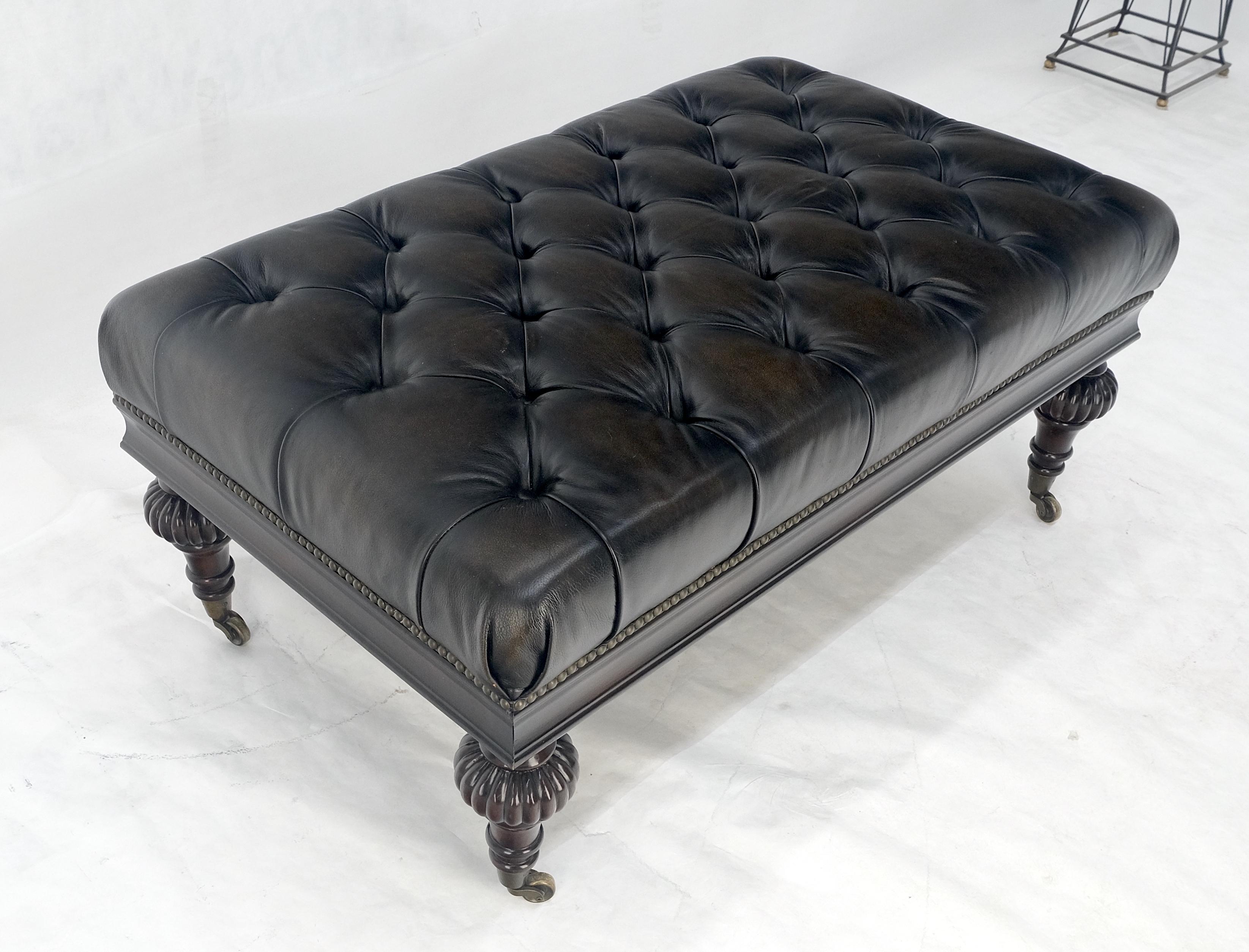 Large 27x45 Tufted Charcoal Leather Castor Legs Ottoman Bench MINT! 4