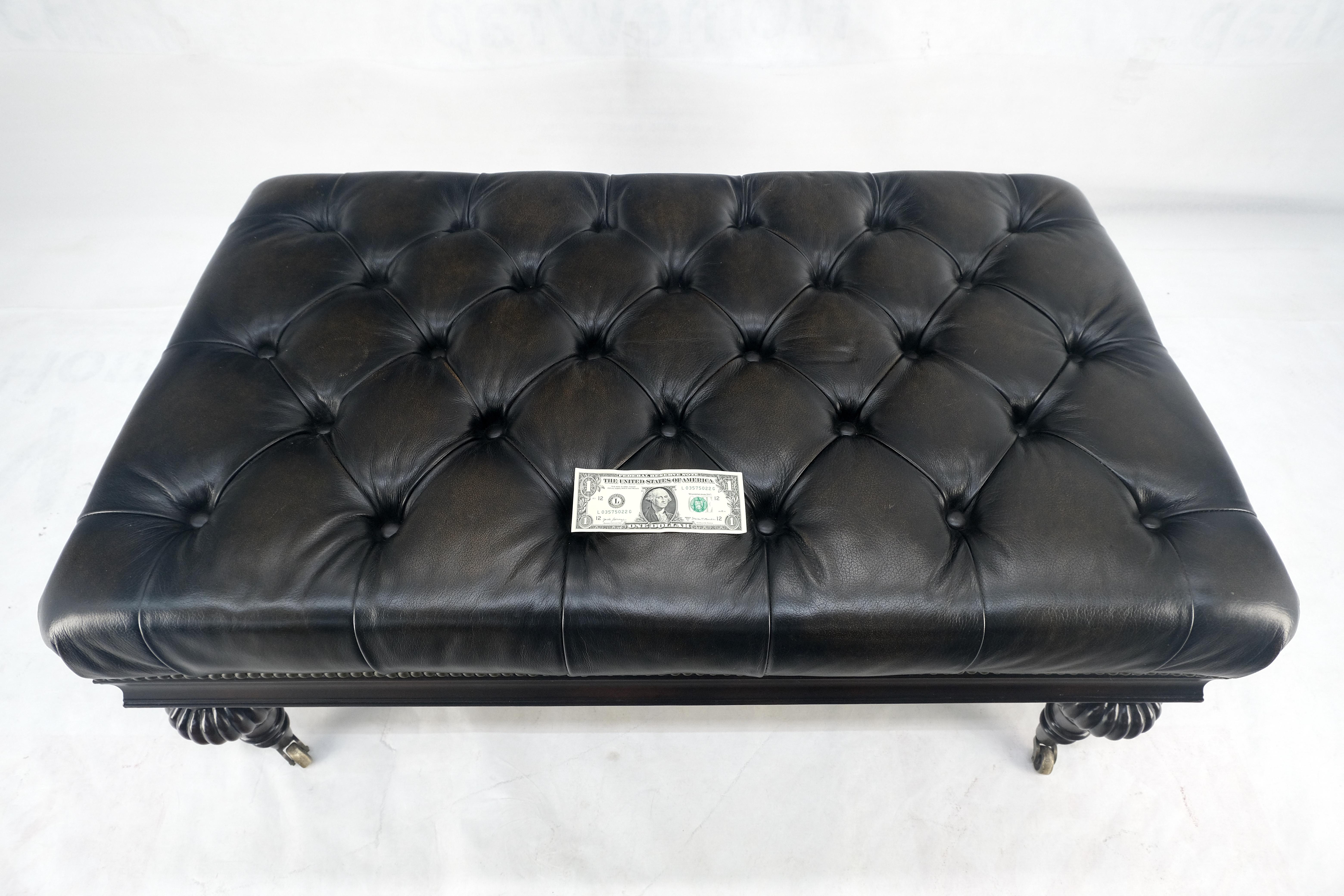 Large 27x45 Tufted Charcoal Leather Castor Legs Ottoman Bench MINT! 6