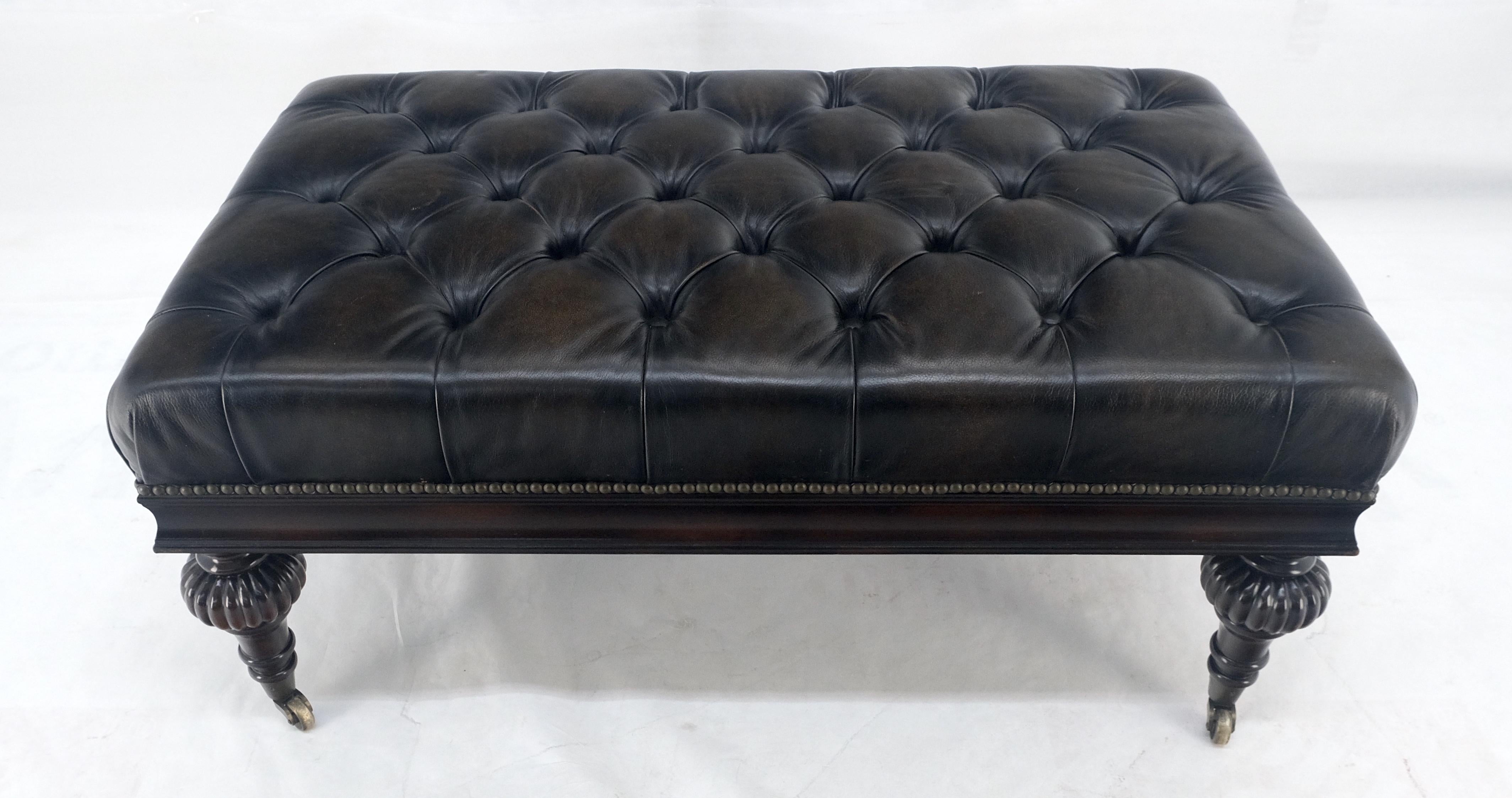 American Large 27x45 Tufted Charcoal Leather Castor Legs Ottoman Bench MINT!