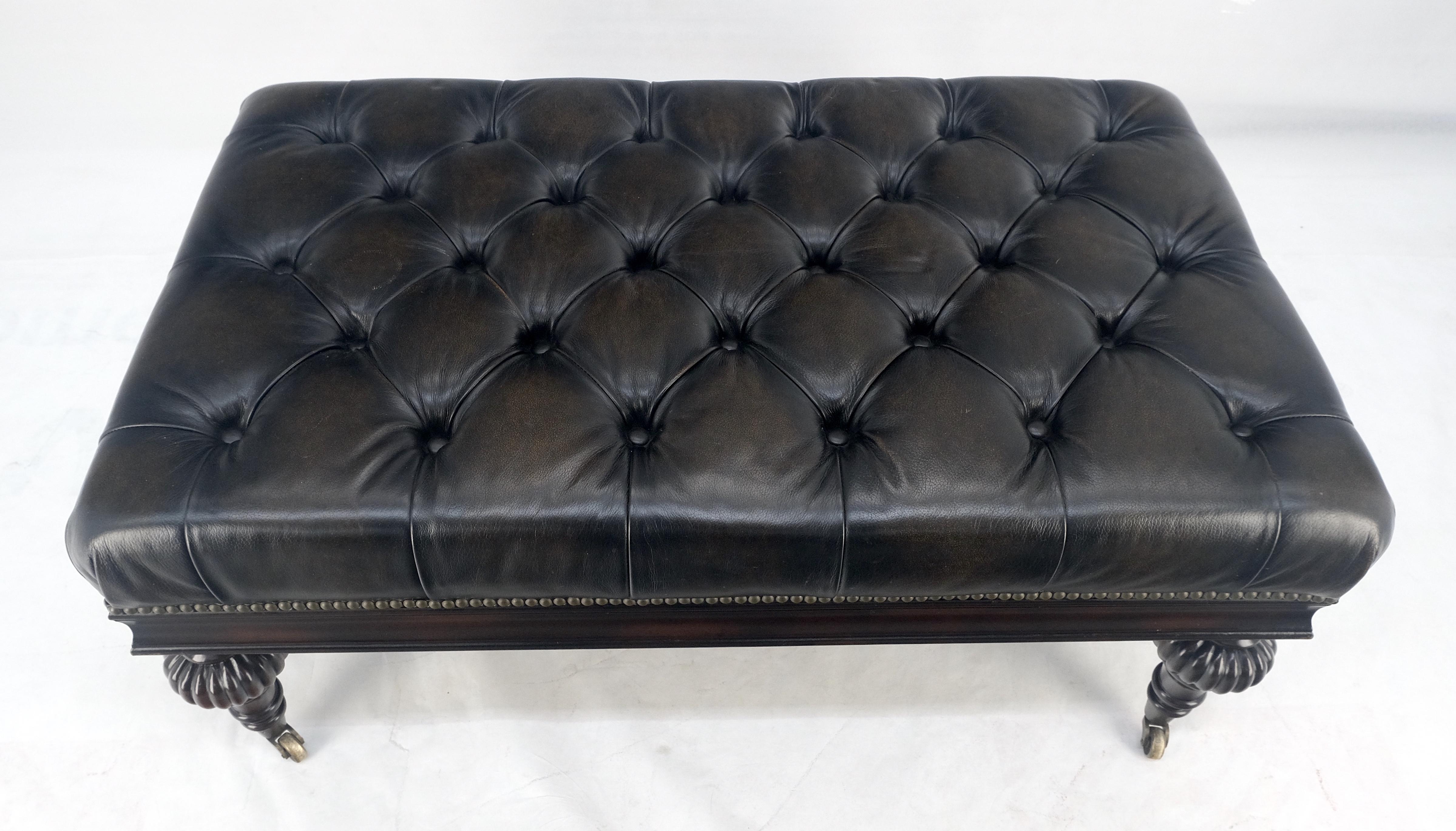 Lacquered Large 27x45 Tufted Charcoal Leather Castor Legs Ottoman Bench MINT!