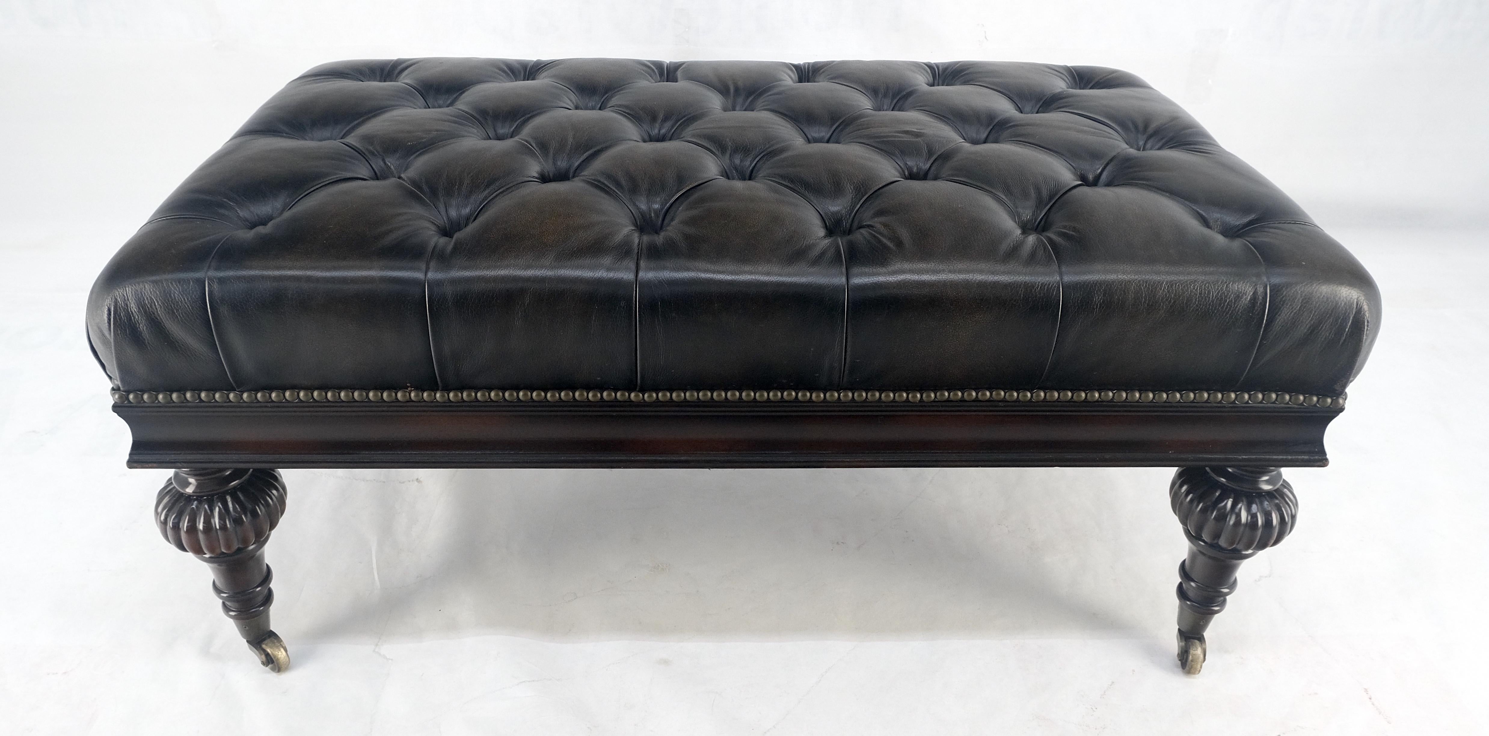 Large 27x45 Tufted Charcoal Leather Castor Legs Ottoman Bench MINT! In Excellent Condition In Rockaway, NJ