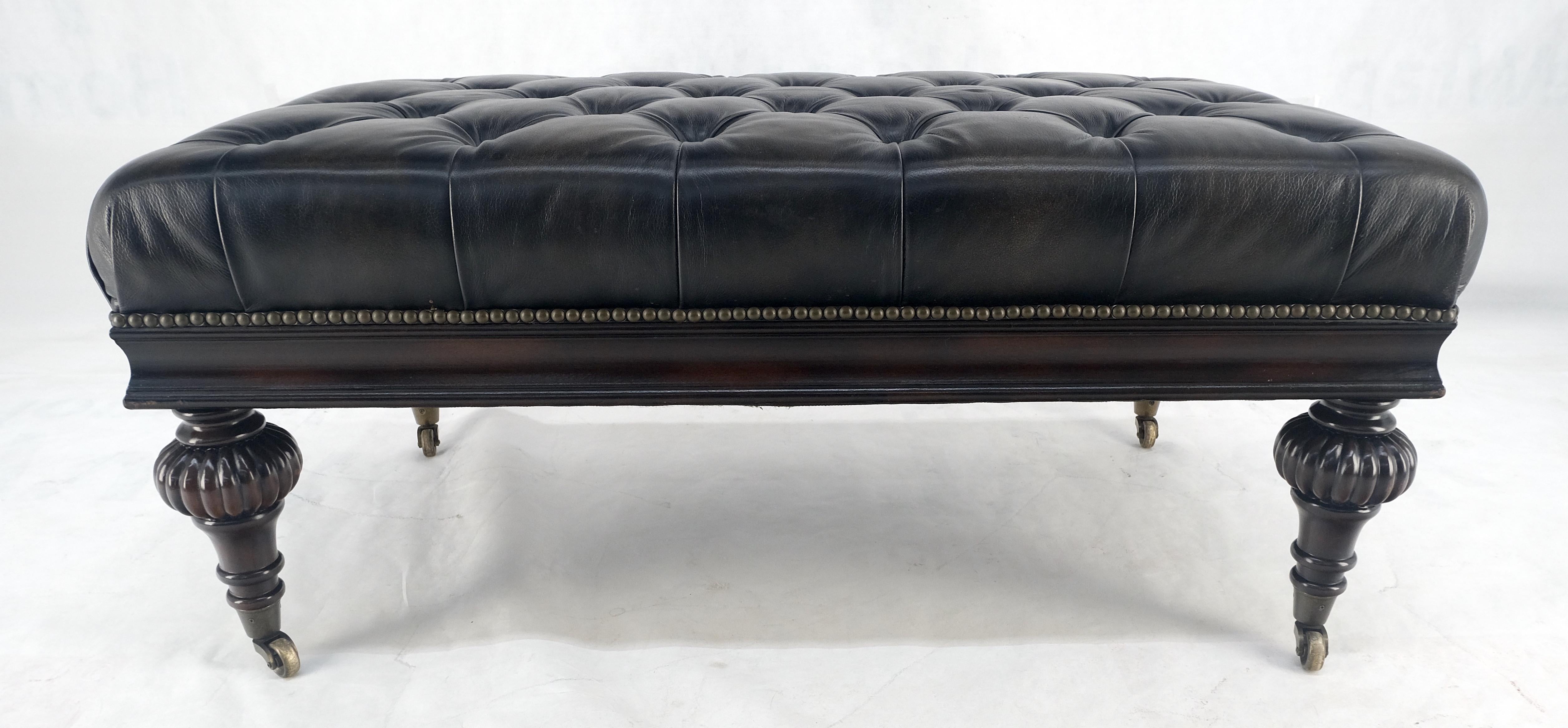 20th Century Large 27x45 Tufted Charcoal Leather Castor Legs Ottoman Bench MINT!