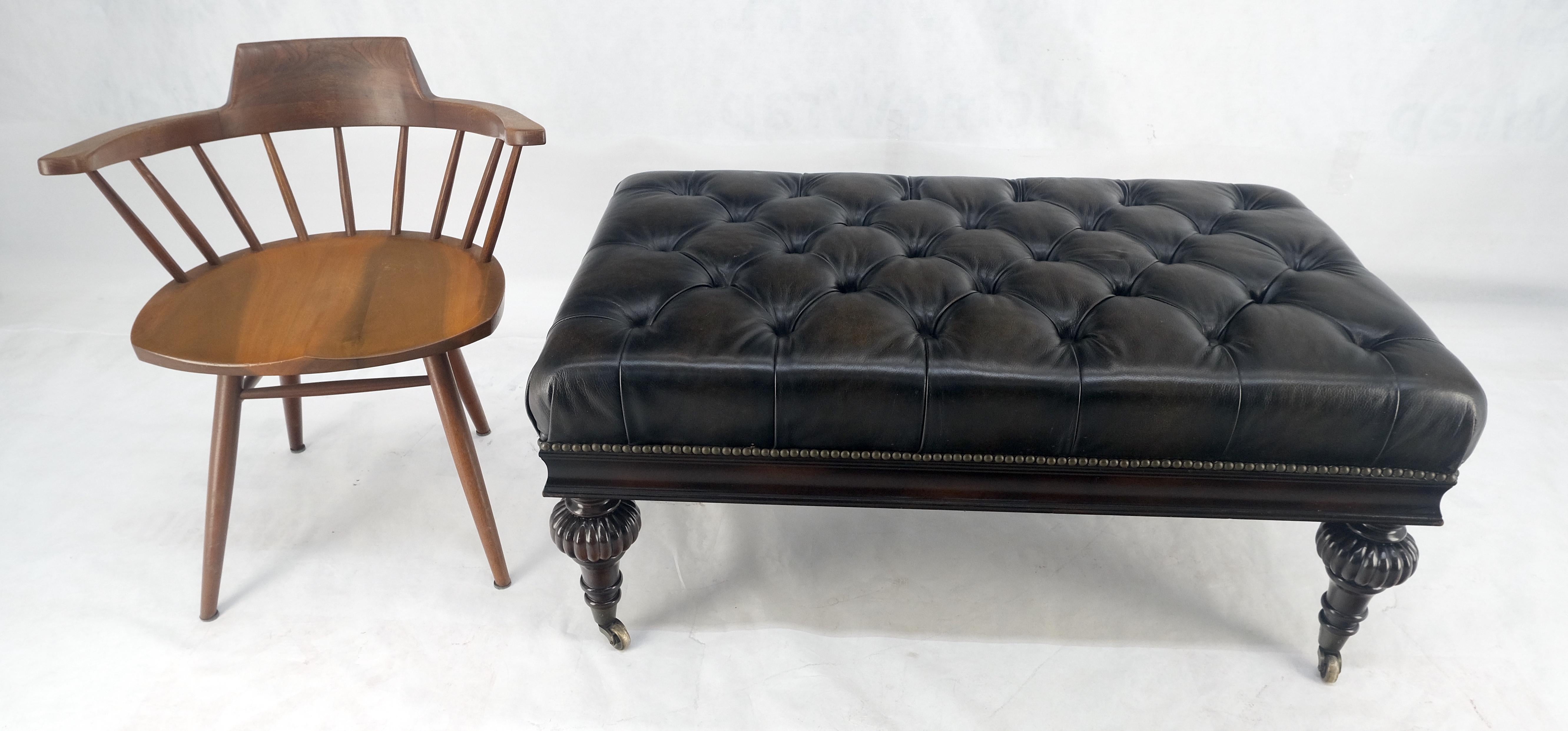 Brass Large 27x45 Tufted Charcoal Leather Castor Legs Ottoman Bench MINT!