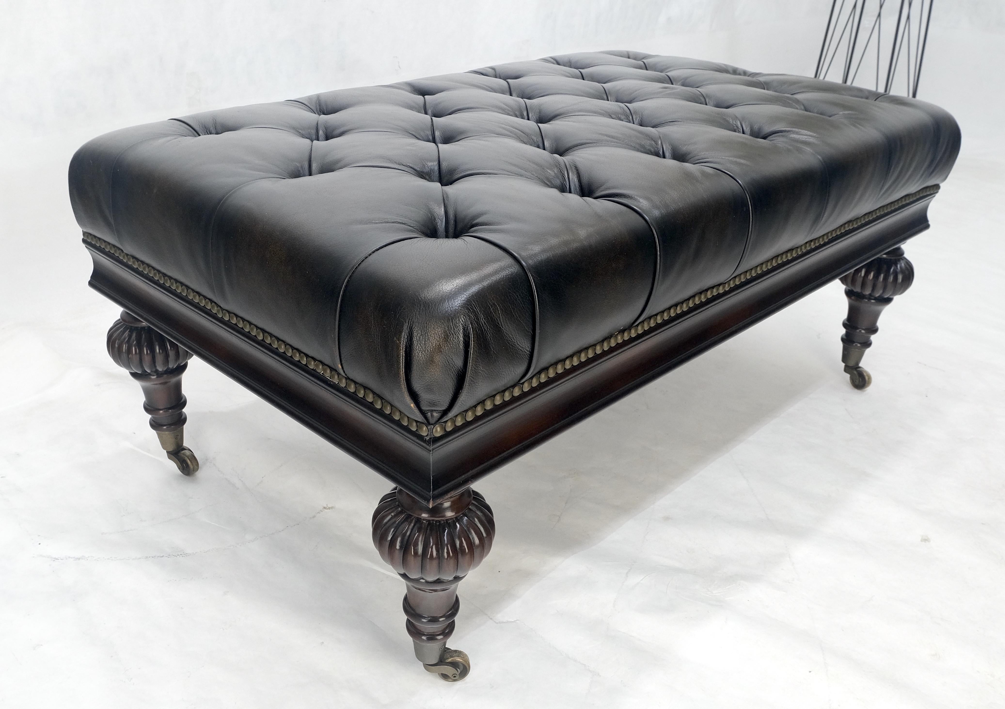 Large 27x45 Tufted Charcoal Leather Castor Legs Ottoman Bench MINT! 2