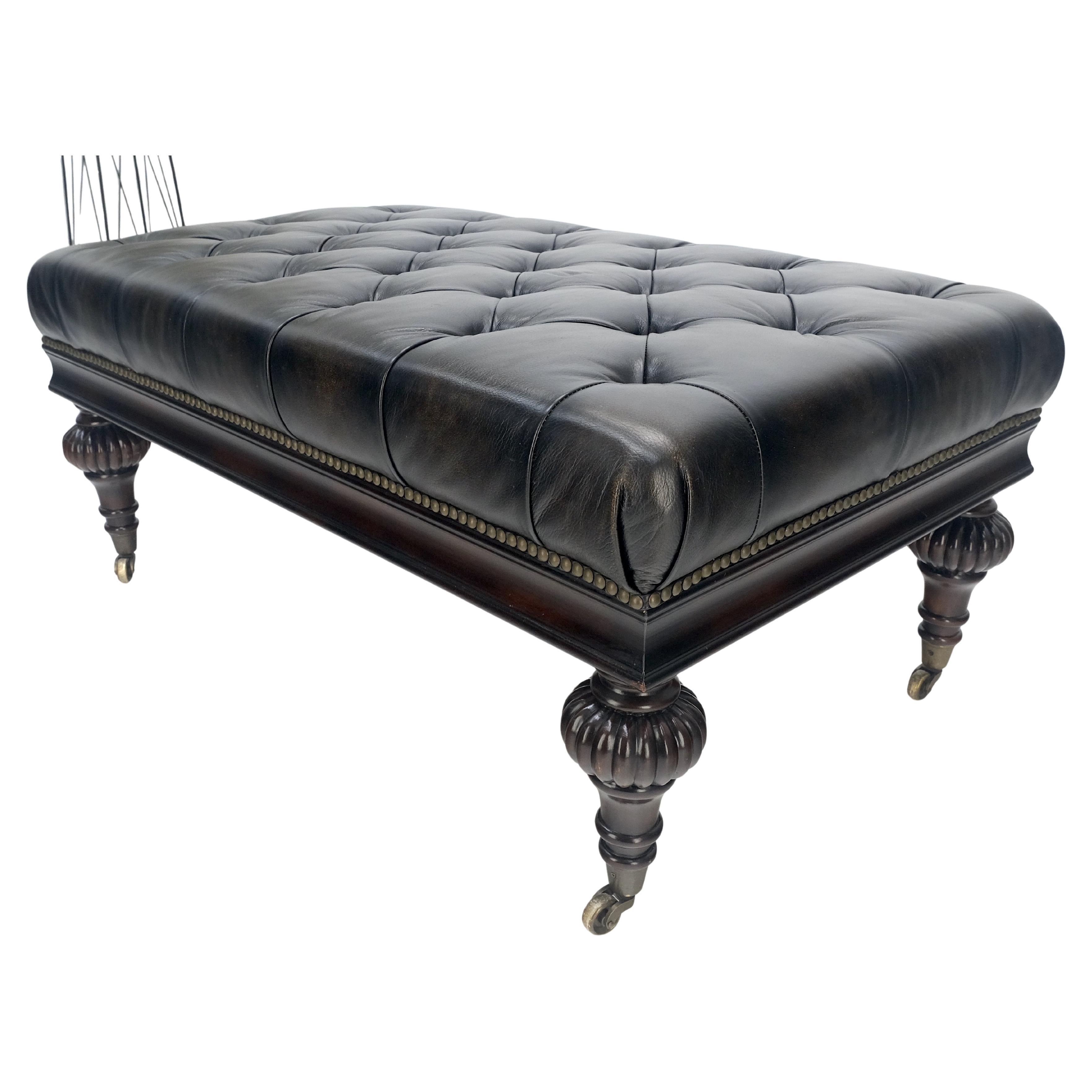 Large 27x45 Tufted Charcoal Leather Castor Legs Ottoman Bench MINT!