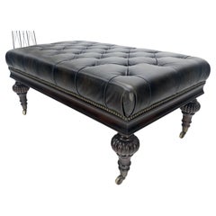 Large 27x45 Tufted Charcoal Leather Castor Legs Ottoman Bench MINT!