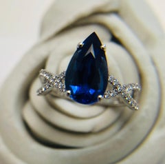Large 2ct Pear Sapphire Diamond ring 18KT white gold engagement ring blue gem