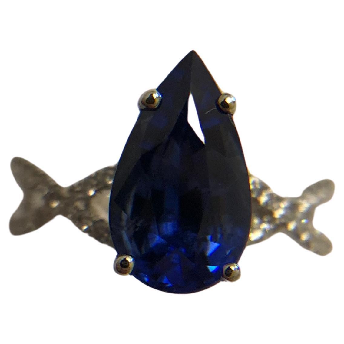 Large 2ct Pear Sapphire Diamond ring 18KT white gold engagement ring blue gem For Sale