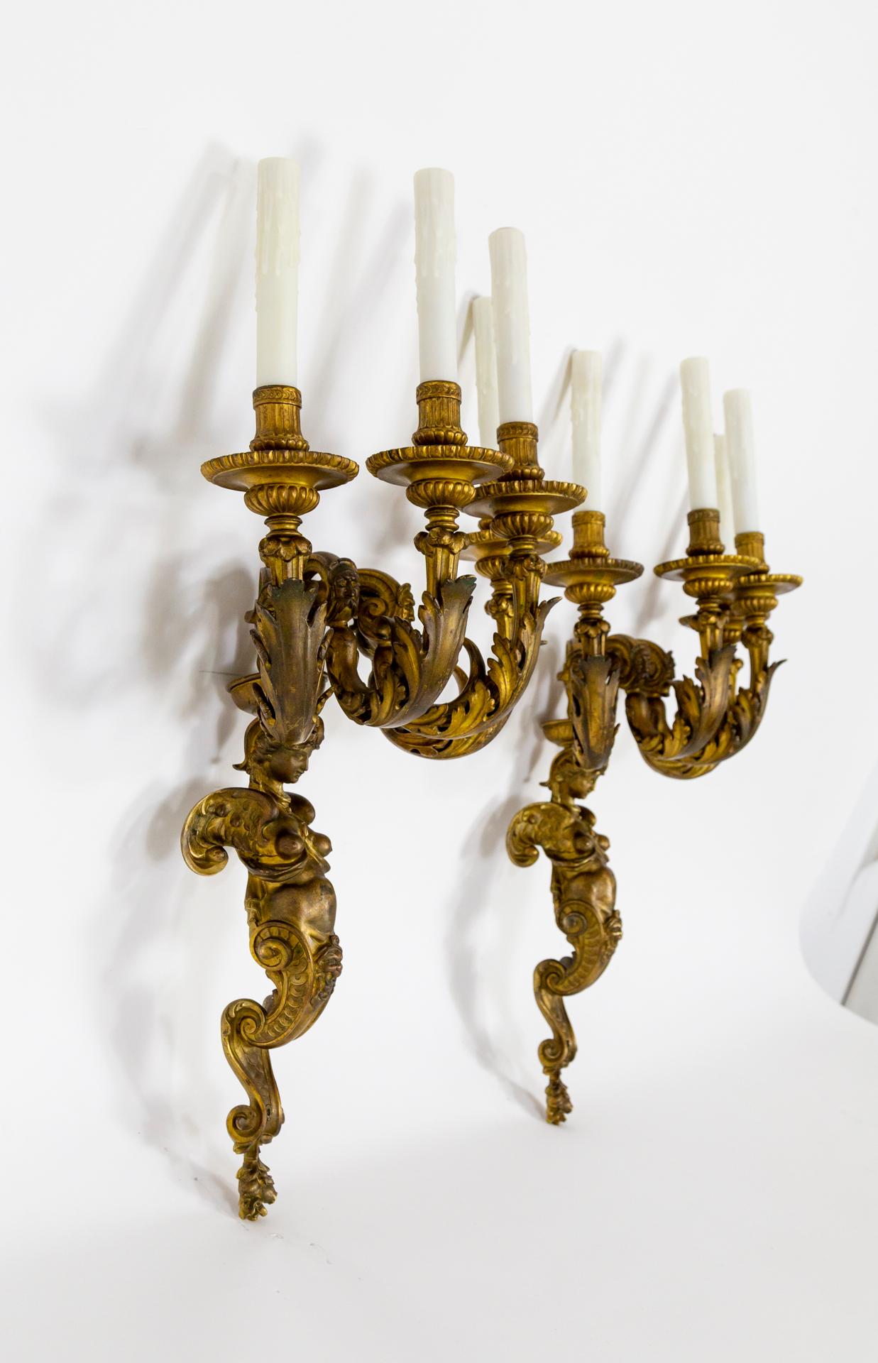 French Large 2nd Empire Bronze 4-Light Melusina Sconces, Pair For Sale