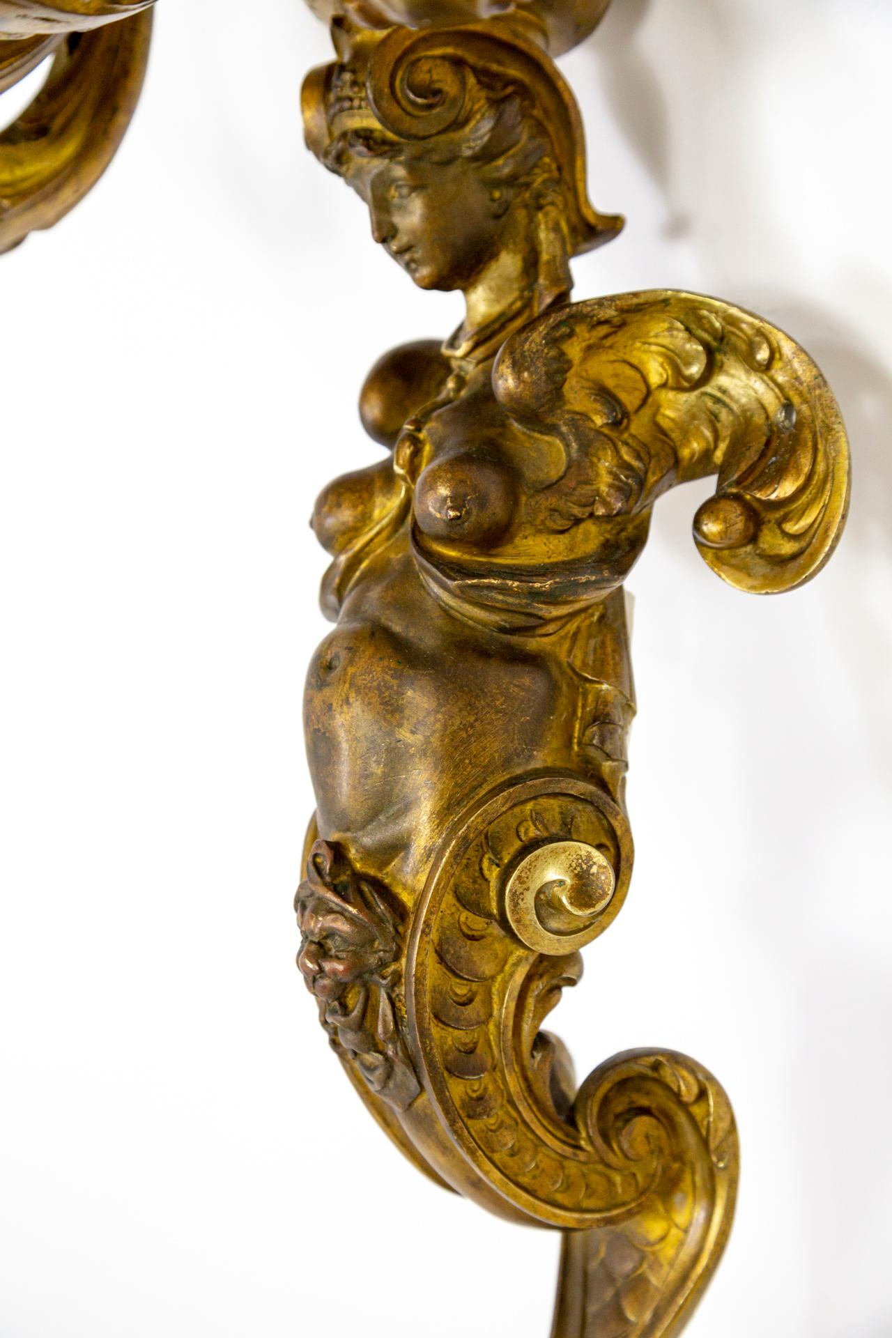 Große 4-flammige Melusina-Wandleuchter aus Bronze des 2. Kaiserreichs, Paar (19. Jahrhundert) im Angebot