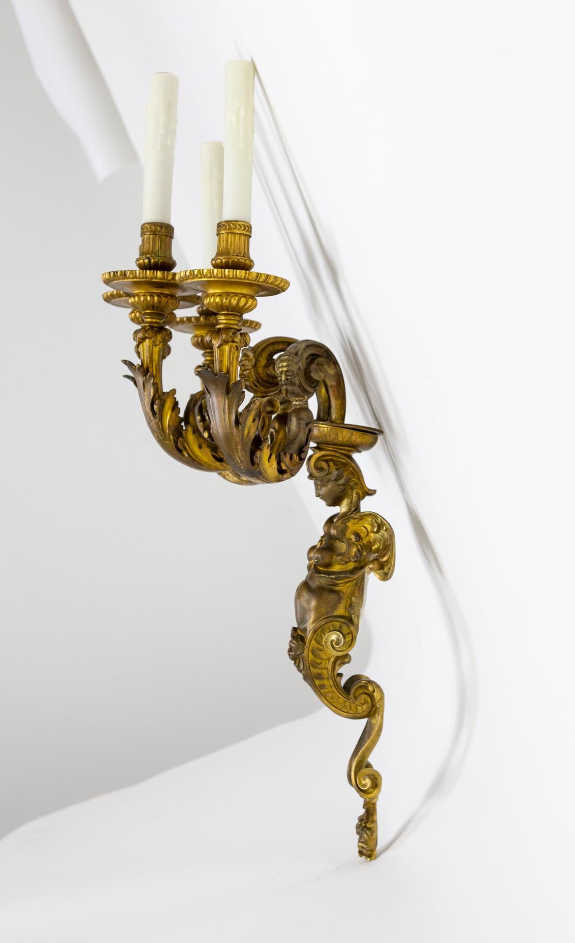 Große 4-flammige Melusina-Wandleuchter aus Bronze des 2. Kaiserreichs, Paar im Angebot 2