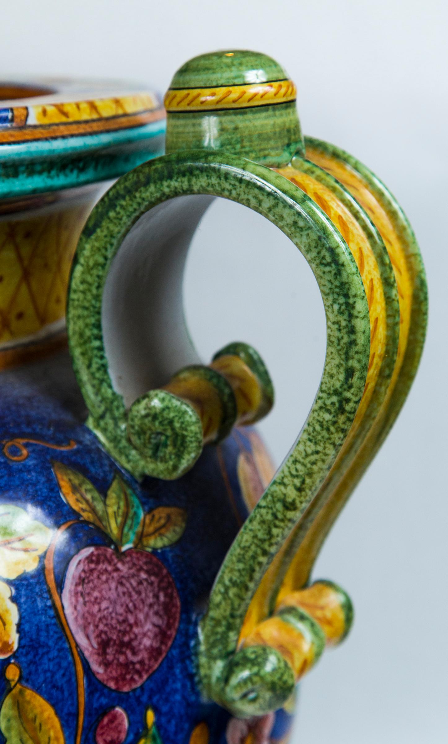 Hand-Painted Large 3 Handle Majolica Jar For Sale