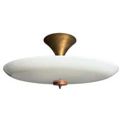 Große 3-Licht Midcentury Modern Honeycomb Struktur Glas Flush Mount w Teakholz